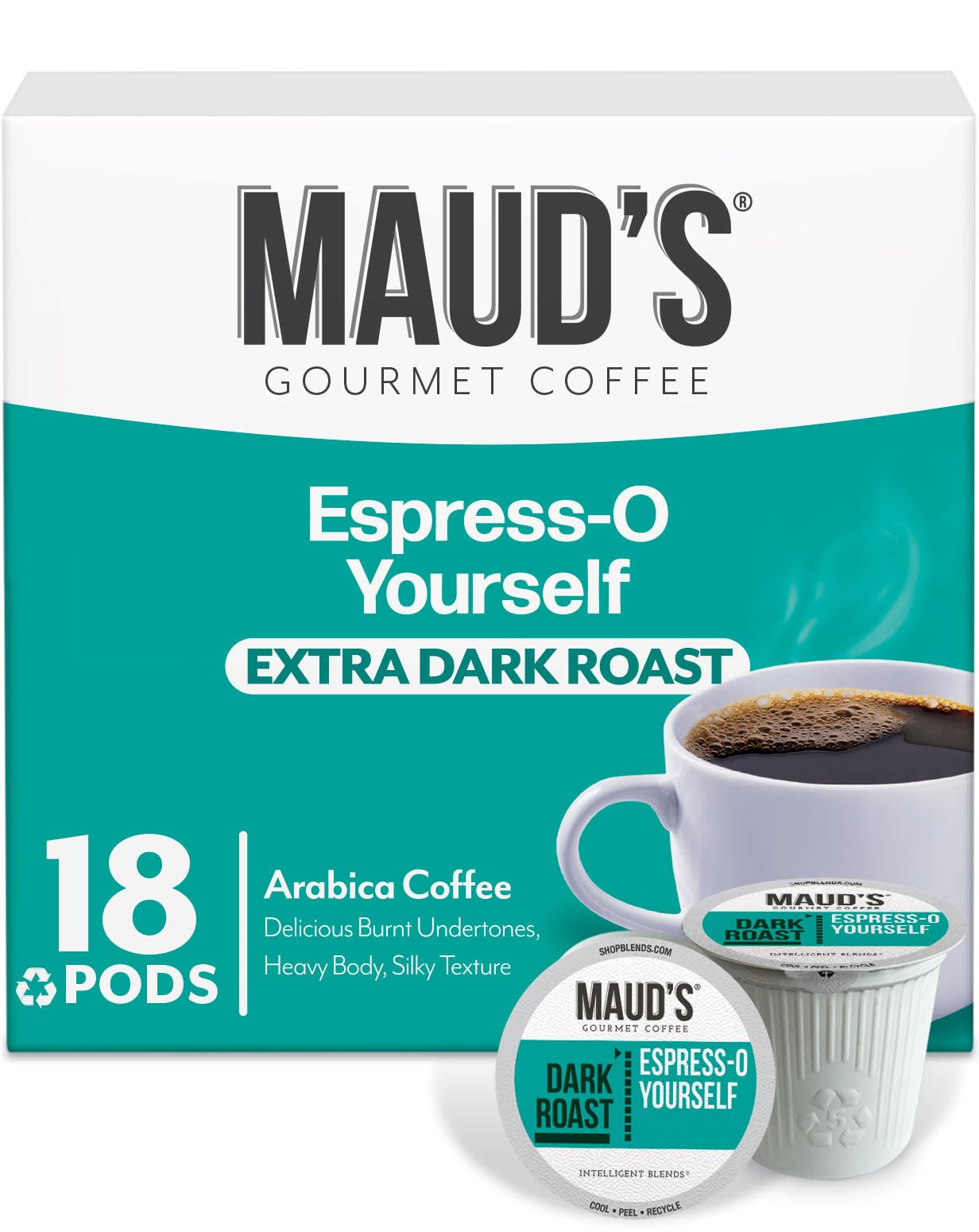 Maud's Espresso Roast Coffee Pods, 18 ct, Dark Roast Coffee in Recyclable Single Serve Pods - 100% Arabica Coffee, Compatible wi