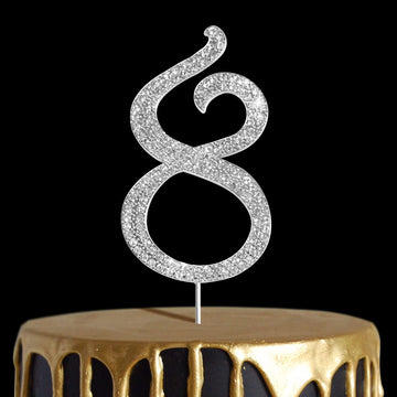 Number Cake Topper 8, Uniideco Silver Rhinestone Premium Metal Bling Bling Cake Decor, Sparkly Happy Birthday Wedding Anniversar