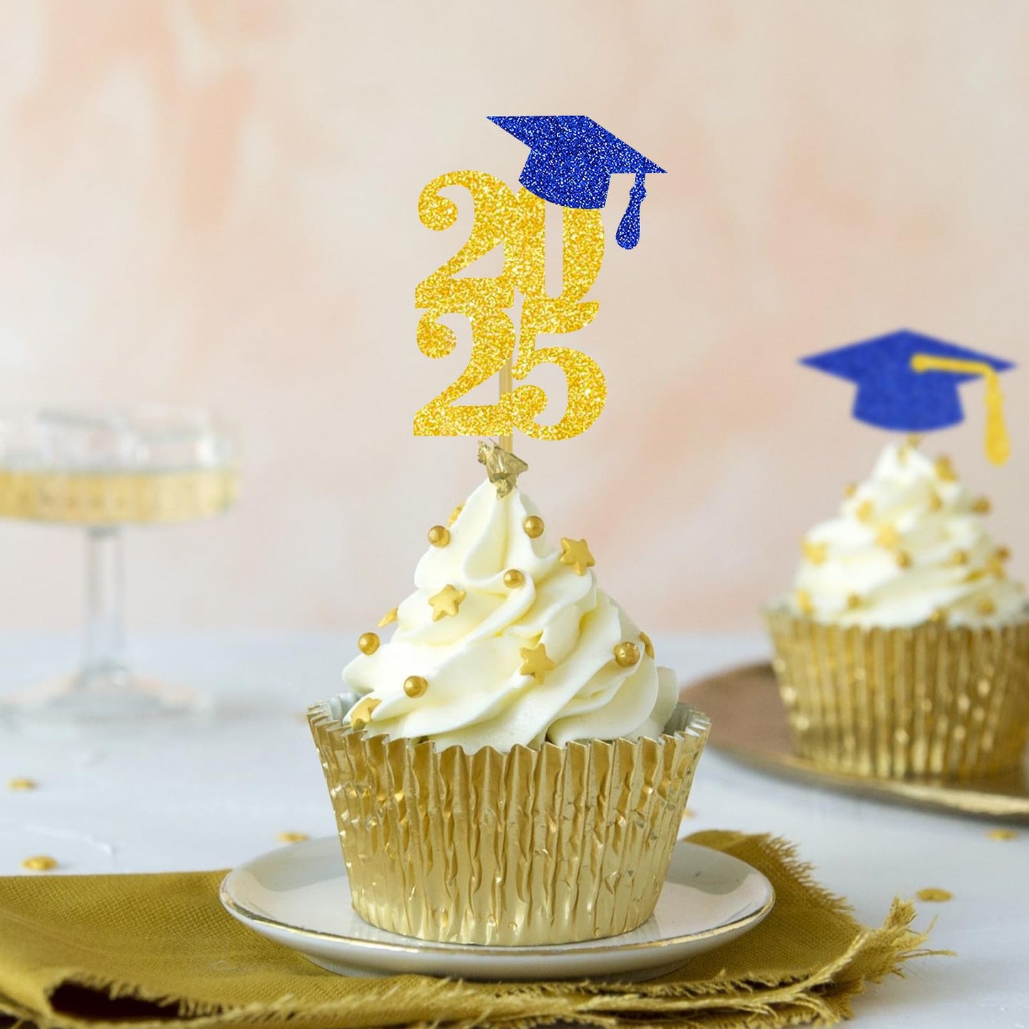 DOMOO OF DREAMS Graduation Cupcake Toppers, Blue Gold, Paper, 2x1.05 inches, 24 PCS, Grad Party Decoration