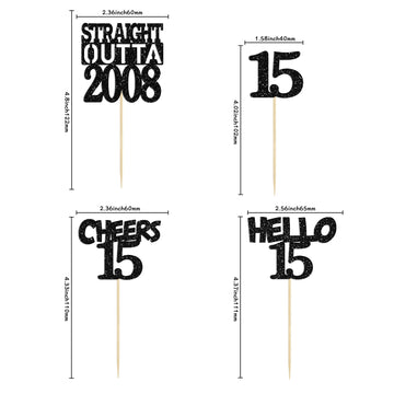 Gyufise 24Pcs Straight Outta 2008 Cupcake Toppers Glitter Fifteen Happy 15th Cupcake Picks Cheers to 15 Years Birthday Cake Deco