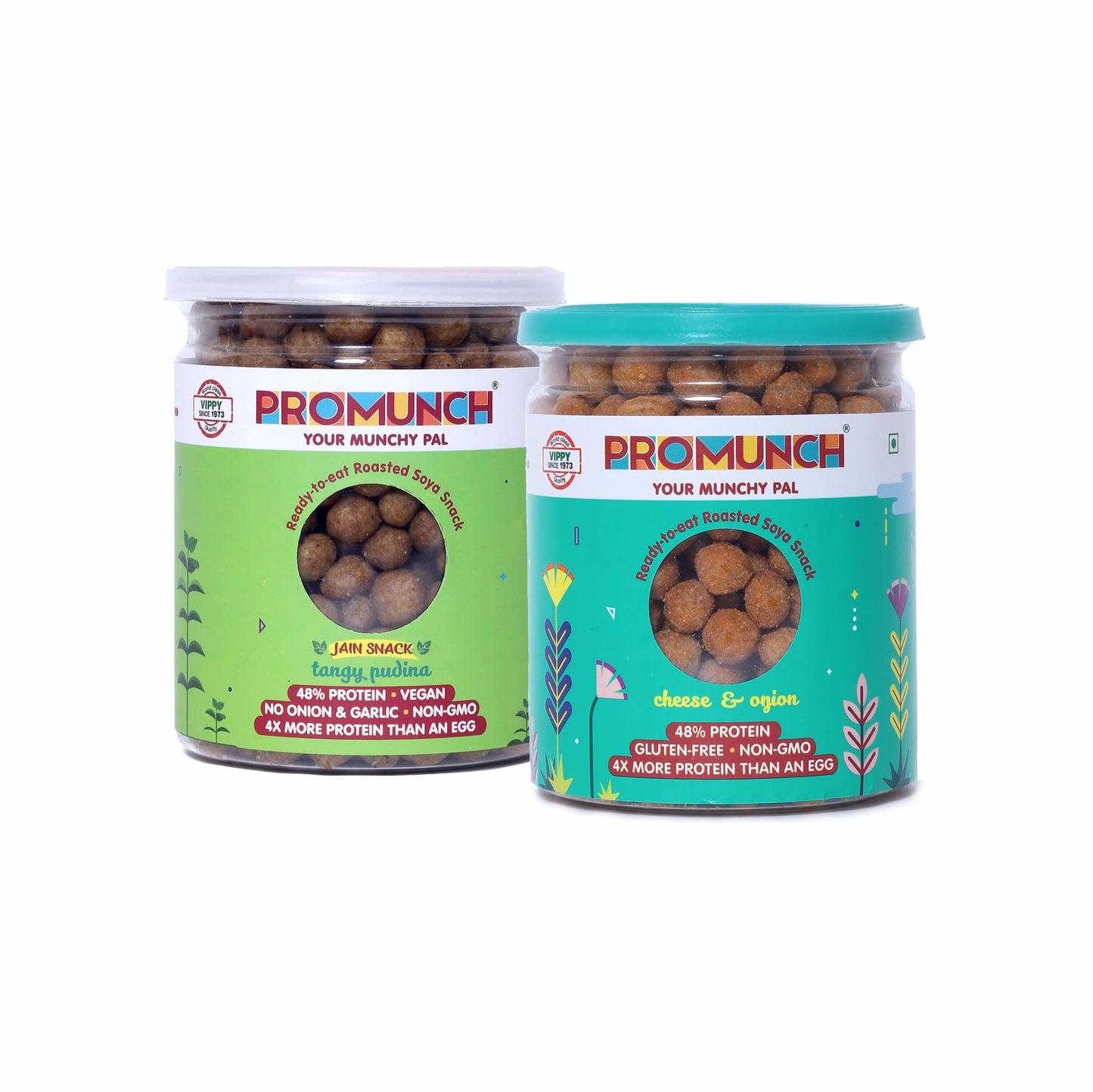 PROMUNCH Roasted Soya Snack | High-Protein | Healthy | Gluten-Free | Pack of 2, Flavour: Tangy Pudina And Cheese & Onion, 150 g 