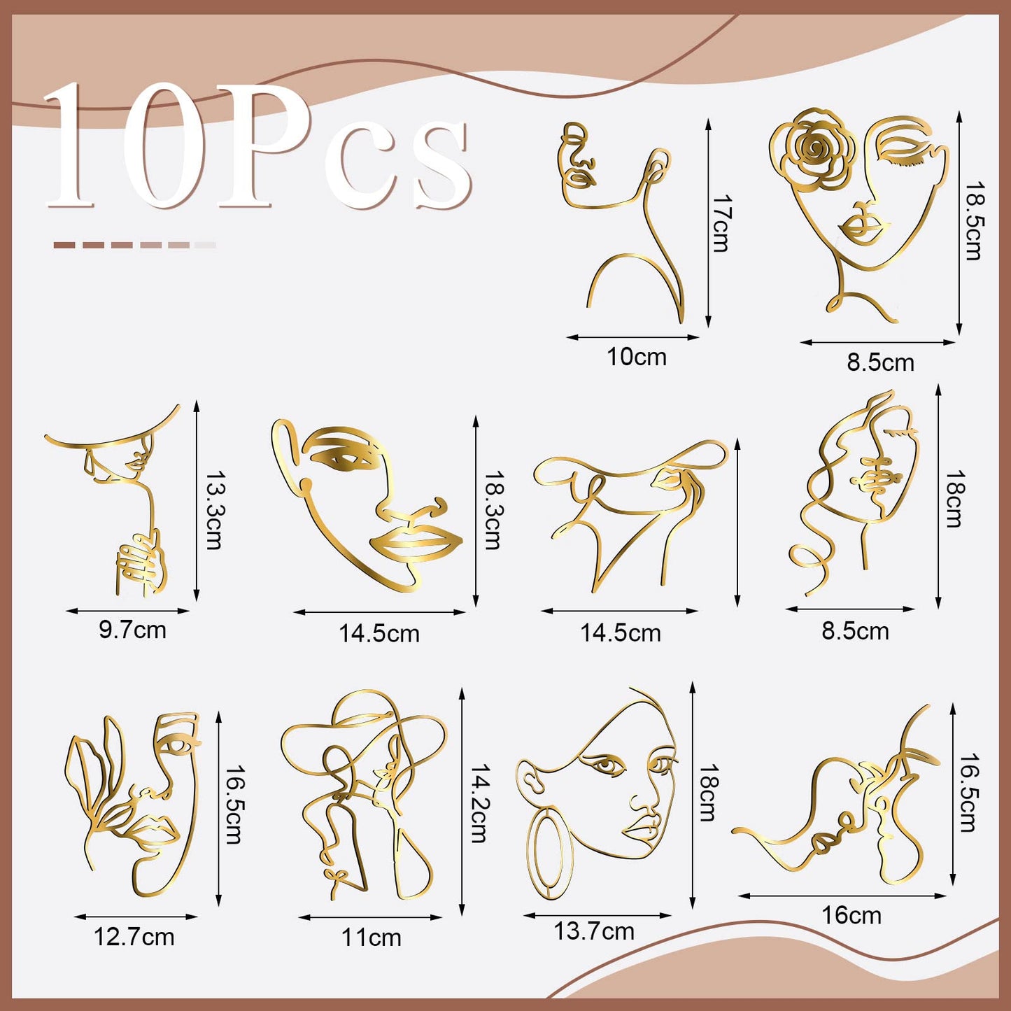 Marsui Cake Topper Set, 10 Pcs Acrylic Lady Face Toppers, 6.69 inches, Gold, Minimalist Design for Birthday and Wedding Decorations