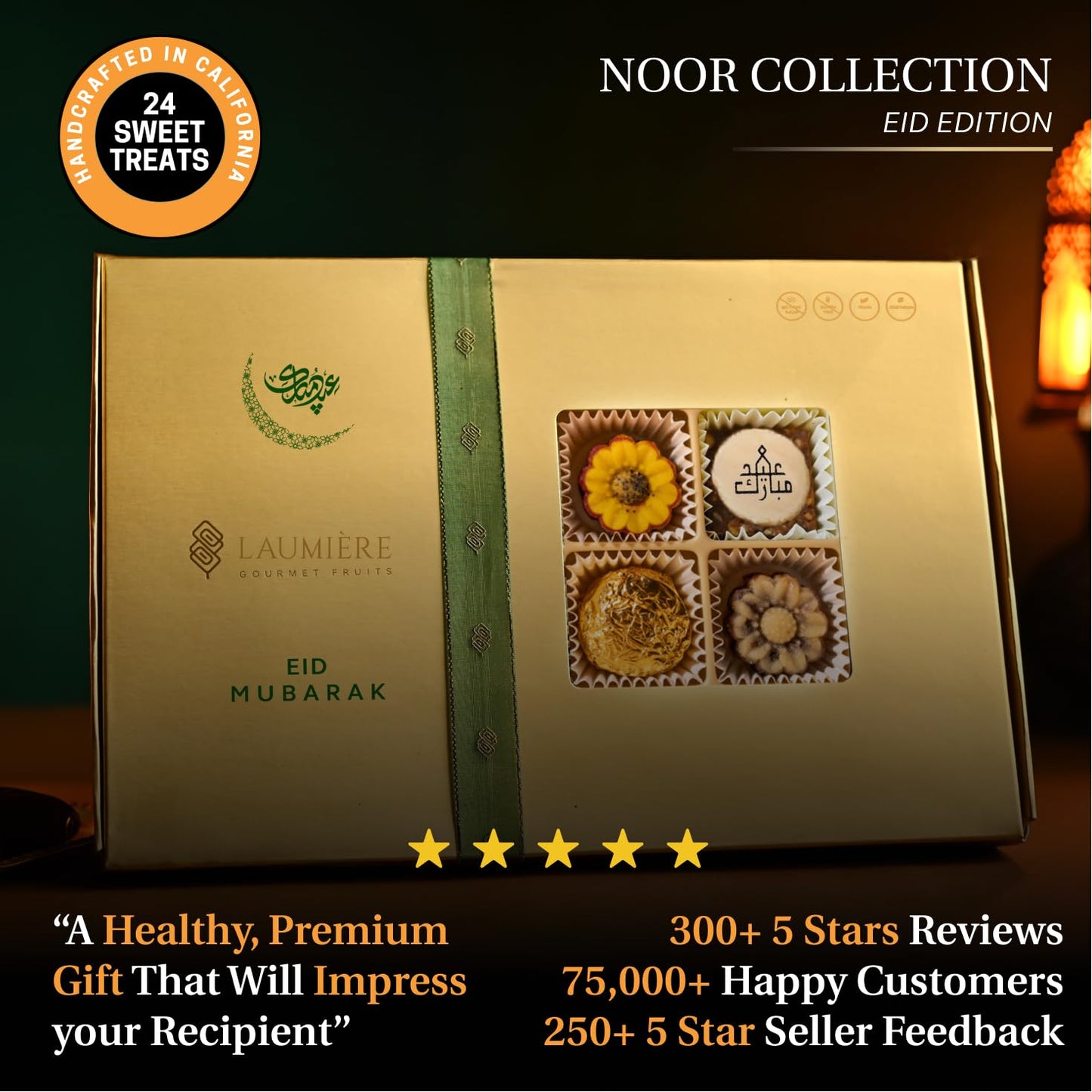 Laumiere Gourmet Fruits - Noor Collection [Eid Edition] - Rectangle (24 Pcs) - Halal Dried Fruits And Nuts Basket - Medjool Date