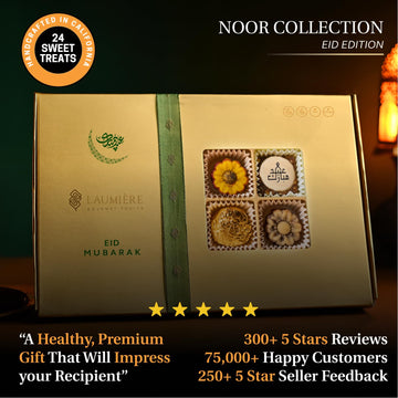 Laumiere Gourmet Fruits - Noor Collection [Eid Edition] - Rectangle (24 Pcs) - Halal Dried Fruits And Nuts Basket - Medjool Date