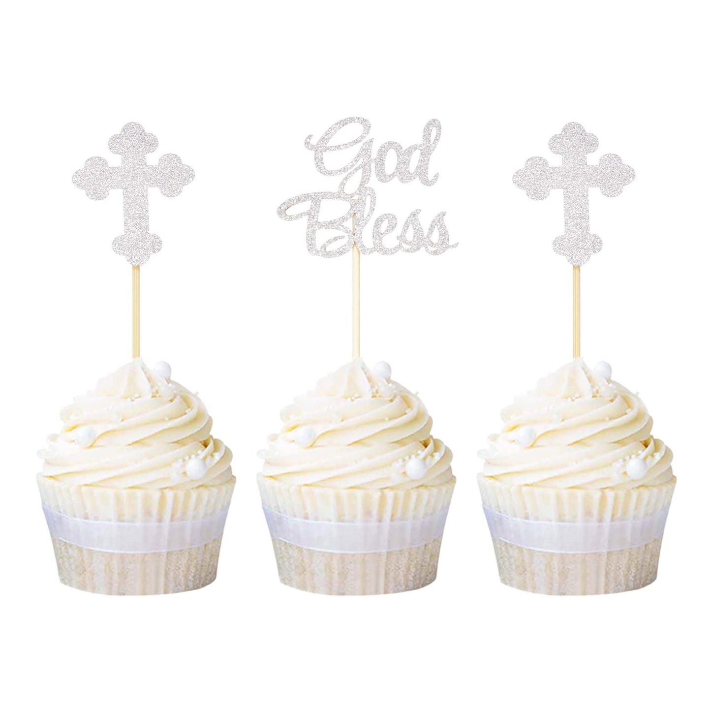 Ercadio Silver Glitter Cupcake Toppers, 24 Piece Set, Paper, Christian Party Decoration