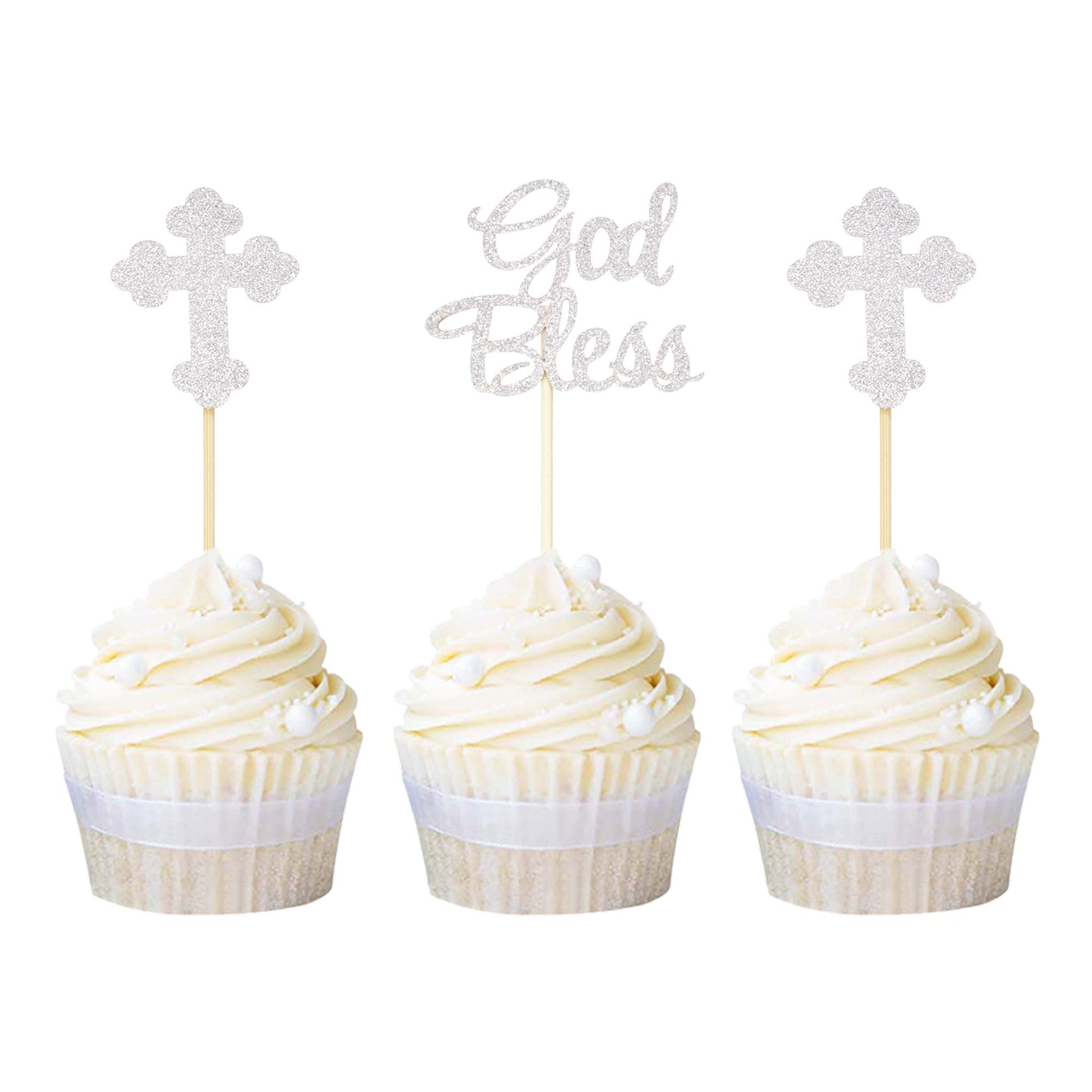 Ercadio Silver Glitter Cupcake Toppers, 24 Piece Set, Paper, Christian Party Decoration