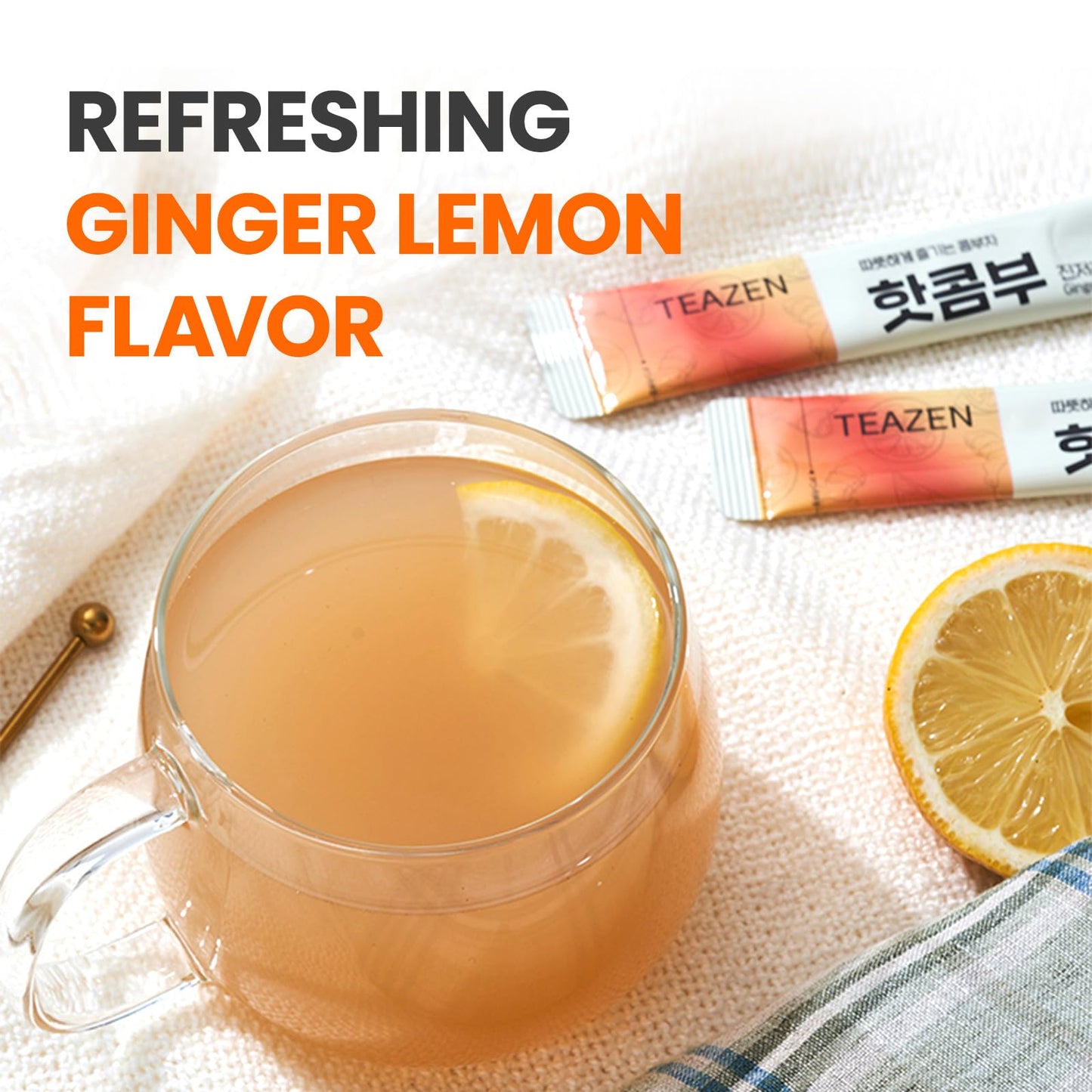 TEAZEN Lemon Ginger Kombucha Tea, Probiotics & Postbiotics, Zero Sugar, Low Caffeine, 10 Sticks, 1.76oz