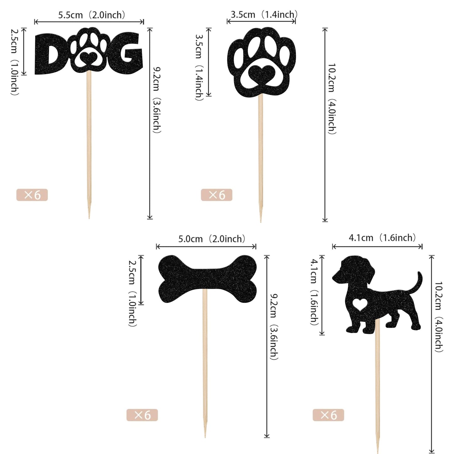 ZHUOWEISM 24 PCS Pet Dog Cupcake Toppers Glitter Bone Paw Picks Small Black Bamboo Decorations