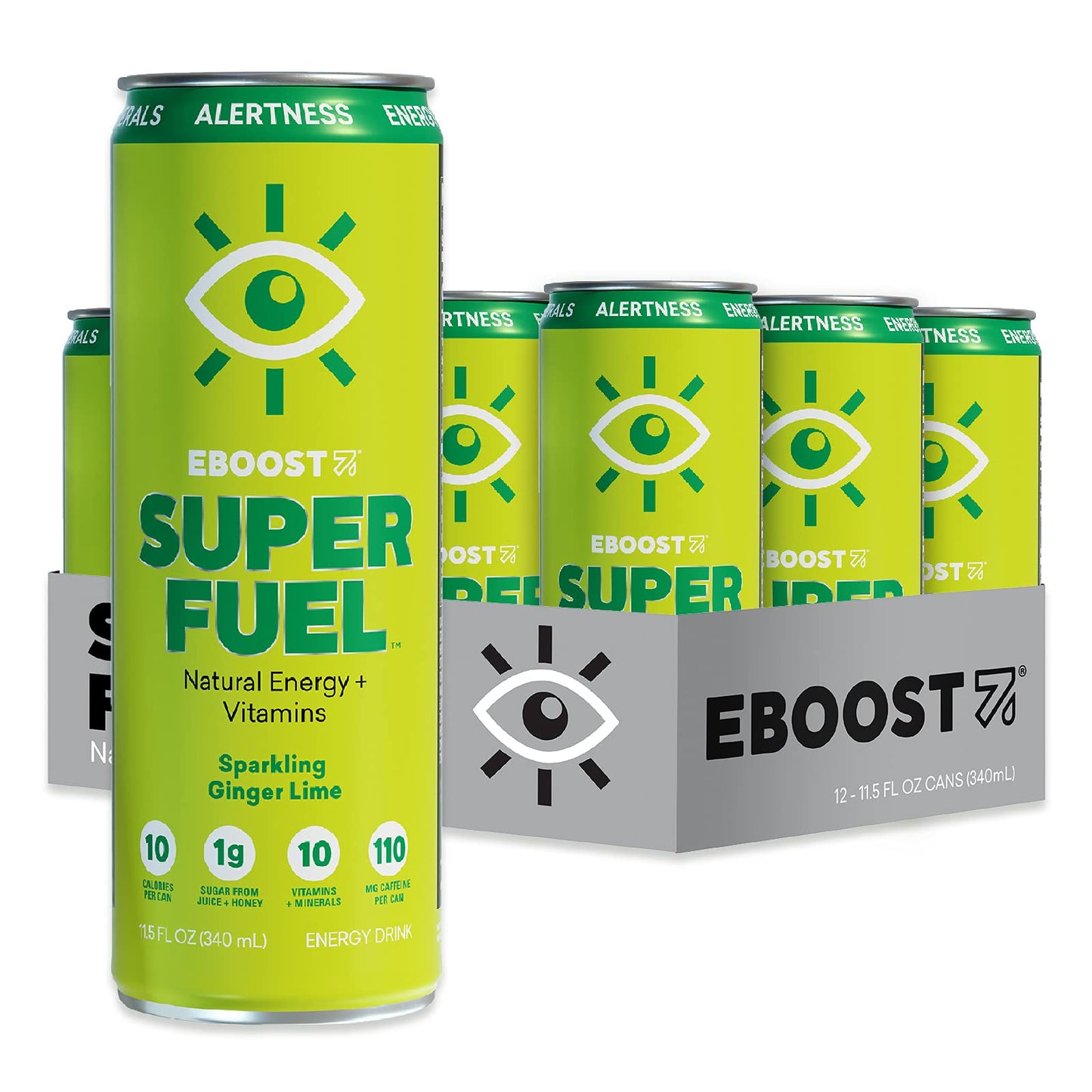 Eboost Super Fuel Healthy Energy Drink - Caffeine From Natural & Clean Ingredients For Focus And Productivity -Taurine Free Pre-Workout With Electrolytes, Nootropic & Vitamins - Ginger Lime, 12 Pack