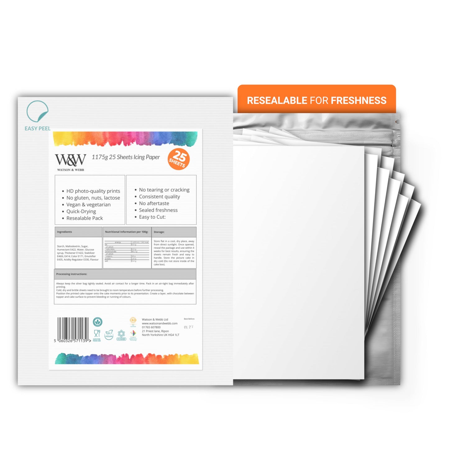 Watson & Webb Edible Frosting Sheets 8.5 x 11, 25 Count, Vegan, Gluten-Free, Easy-Peel, White