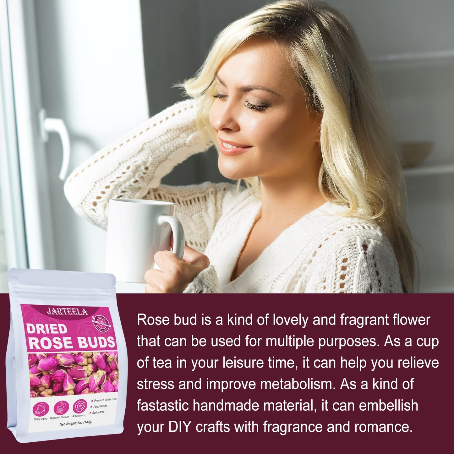 Jarteela Premium Dried Rose Buds - Natural Non-GMO Red Rosebud Flowers - 5oz/142g - Perfect for Tea, Baking, DIY Candle/Soap