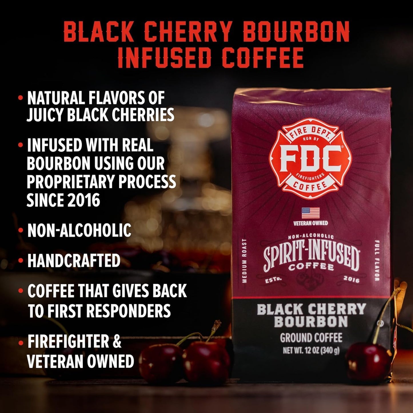 Fire Department Coffee Black Cherry spirit-inspired flavor Coffee, Premium Whole Bean, Non-  ic, 12 oz, Pack of 2