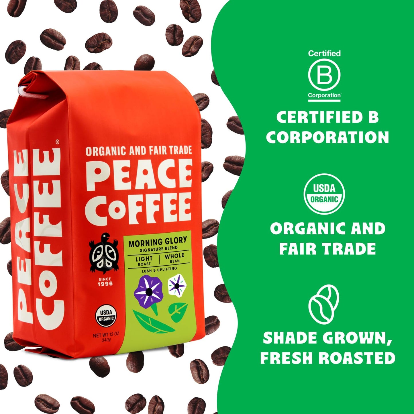 Peace Coffee Morning Glory Signature Blend | 20 Oz Whole Bean Light Roast | Organic Fair Trade | Smooth, Mild Flavor | Shade Grown, Fresh Roasted