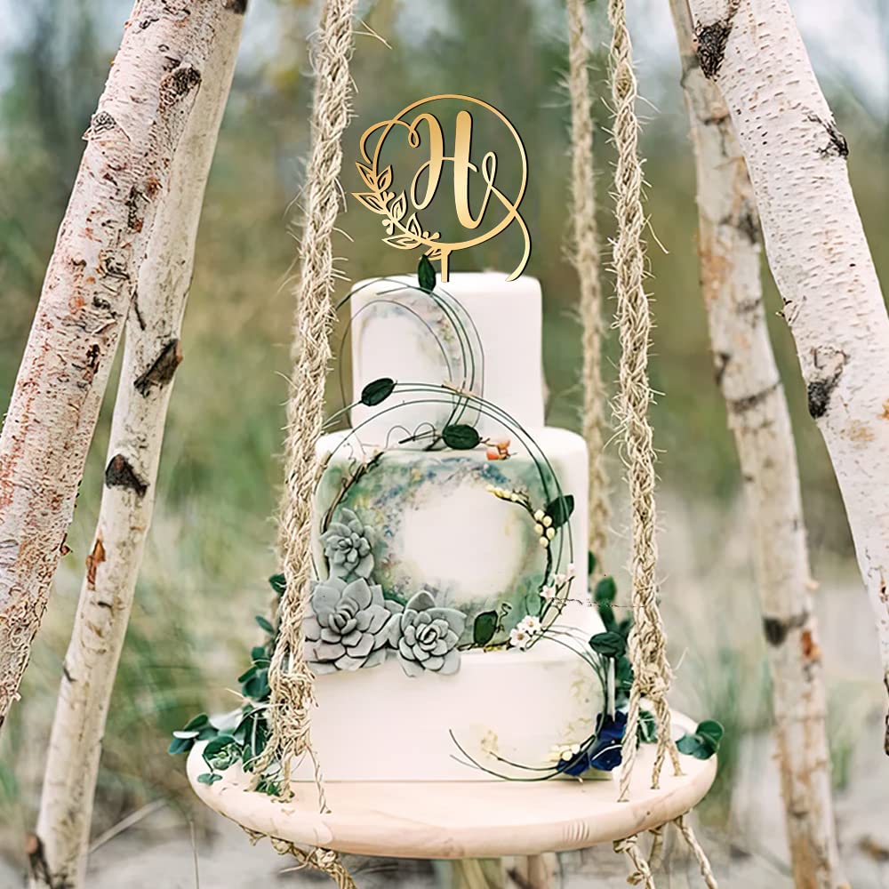 Kiskistonite Initials H Cake Topper, Monogram Cake Topper H, Rustic Wedding Cake Topper, Wreath Letter H Cake Topper, Mirror Gol