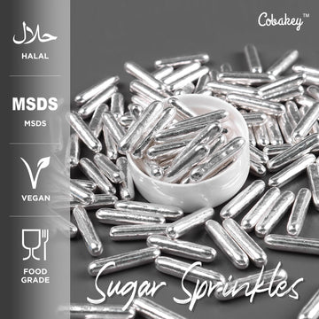 Cobakey Bright Silver Sprinkles For Cake Decorations 100G/ 3.52Oz Rods Metallic Pearl Sugar Sprinkles For Cupcake Toppers Weddin