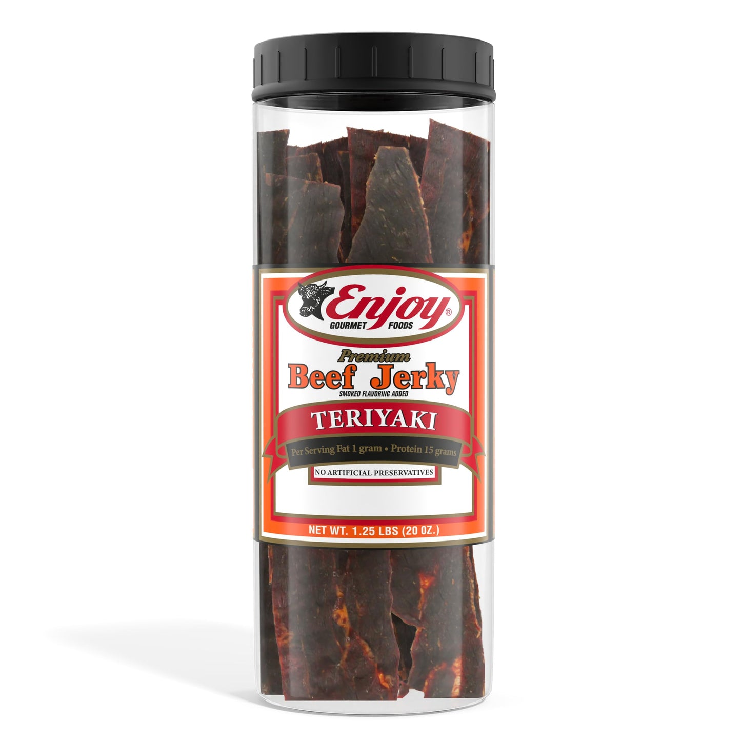 Enjoy Teriyaki Beef Jerky 20 oz Jar (Pack of 1) | 32 Count | Traditional Style | USA Made | High Protein | Low Fat | Zero Trans 