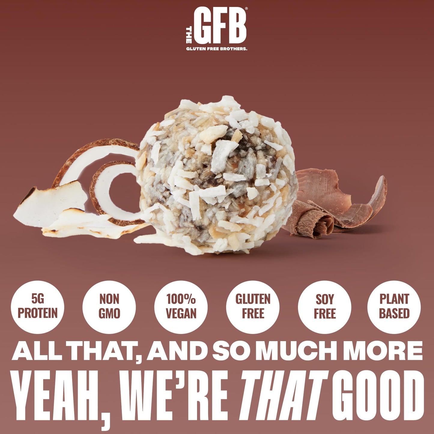 The GFB Dark Chocolate Coconut Protein Bites - Gluten Free, Plant Based, Non GMO, Sustainably Made - Ridiculously Tasty, Healthy