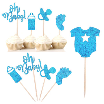 30-Pack Glitter Baby Shower Cupcake Toppers Cake Topper, Blue Oh Baby Onesie Bottle Foot Print Nipple Cupcake Toppers Cake Toppe