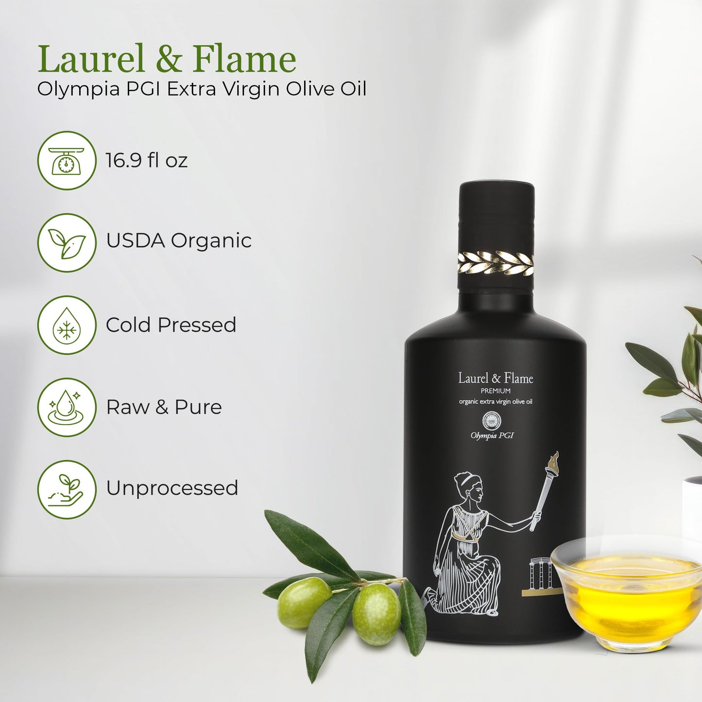 Laurel & Flame Olympia Pgi Olive Oil Extra Virgin - Polyphenol Rich (706 Mg/Kg) - Usda Organic - Multiple Award Winning - 60X Hy