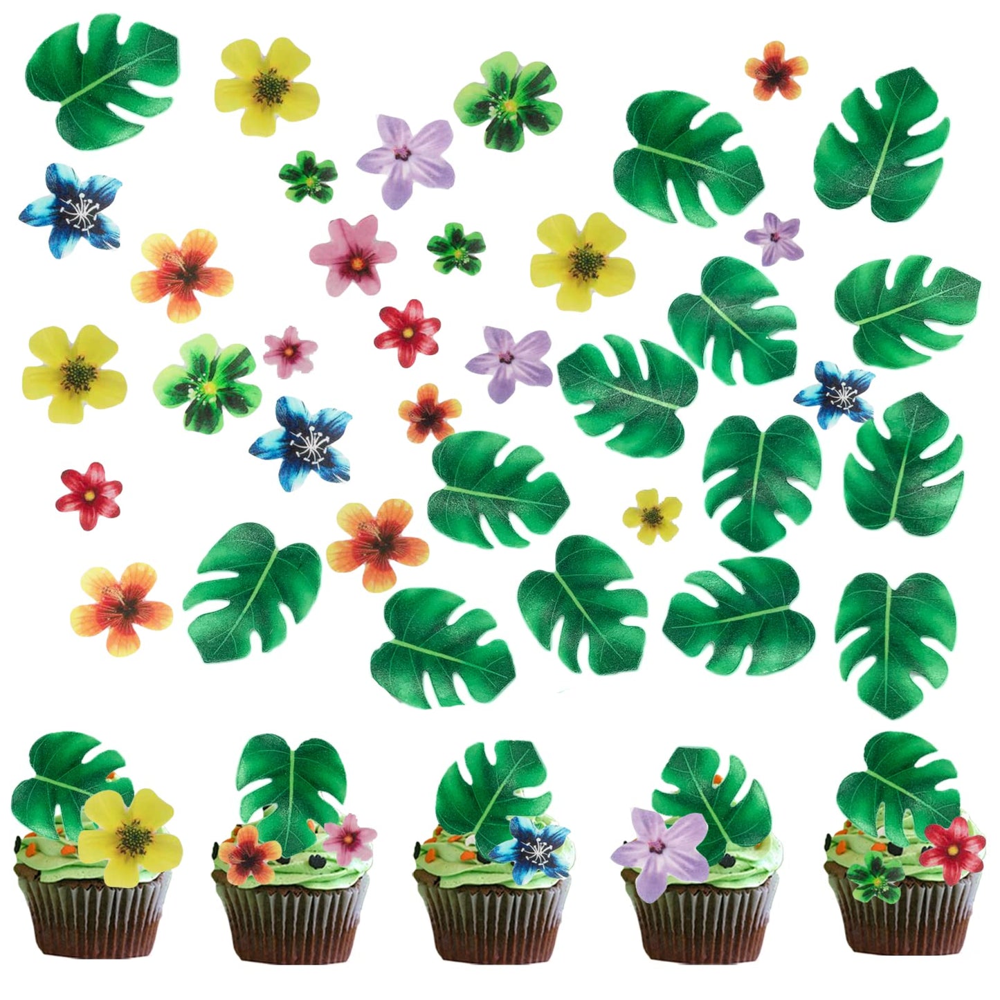 Weraru Cupcake Toppers - 64Pcs Tropical Palm Leaves & Hawaii Flowers, Paper, CL077, Jungle Summer Party Decoration