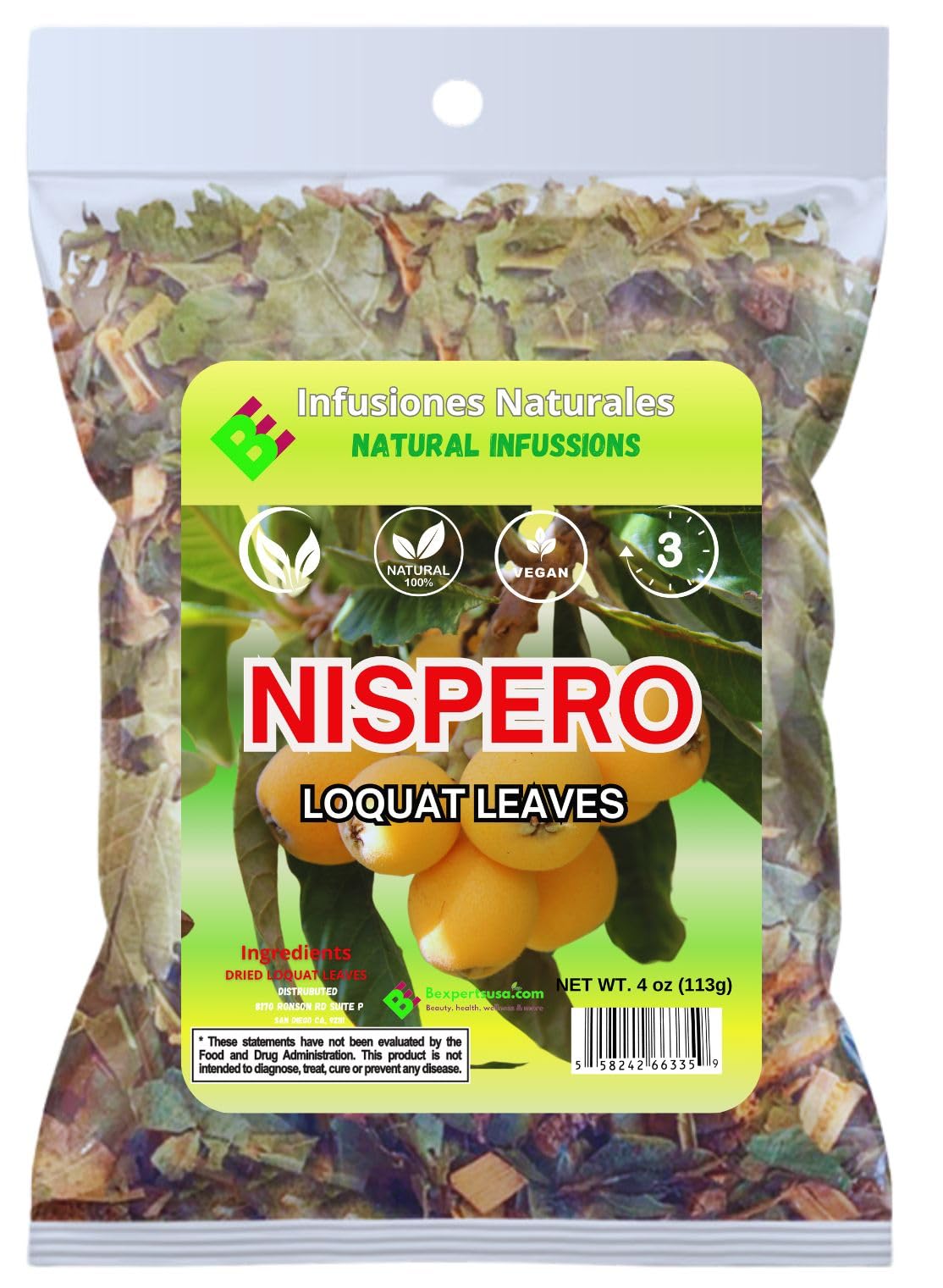 Te Hojas De N  Spero (Loquat Leaves Tea) - 4Oz (113G) - 100% Natural, Wildcrafted, Non-Gmo, Gluten-Free, Vegan