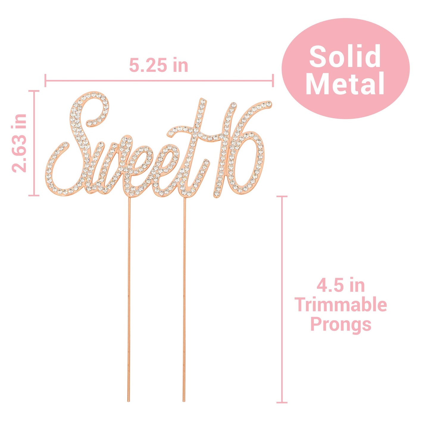 Crystal Creations 16 Cake Topper - Premium Metal Rose Gold Decoration - 1 Count