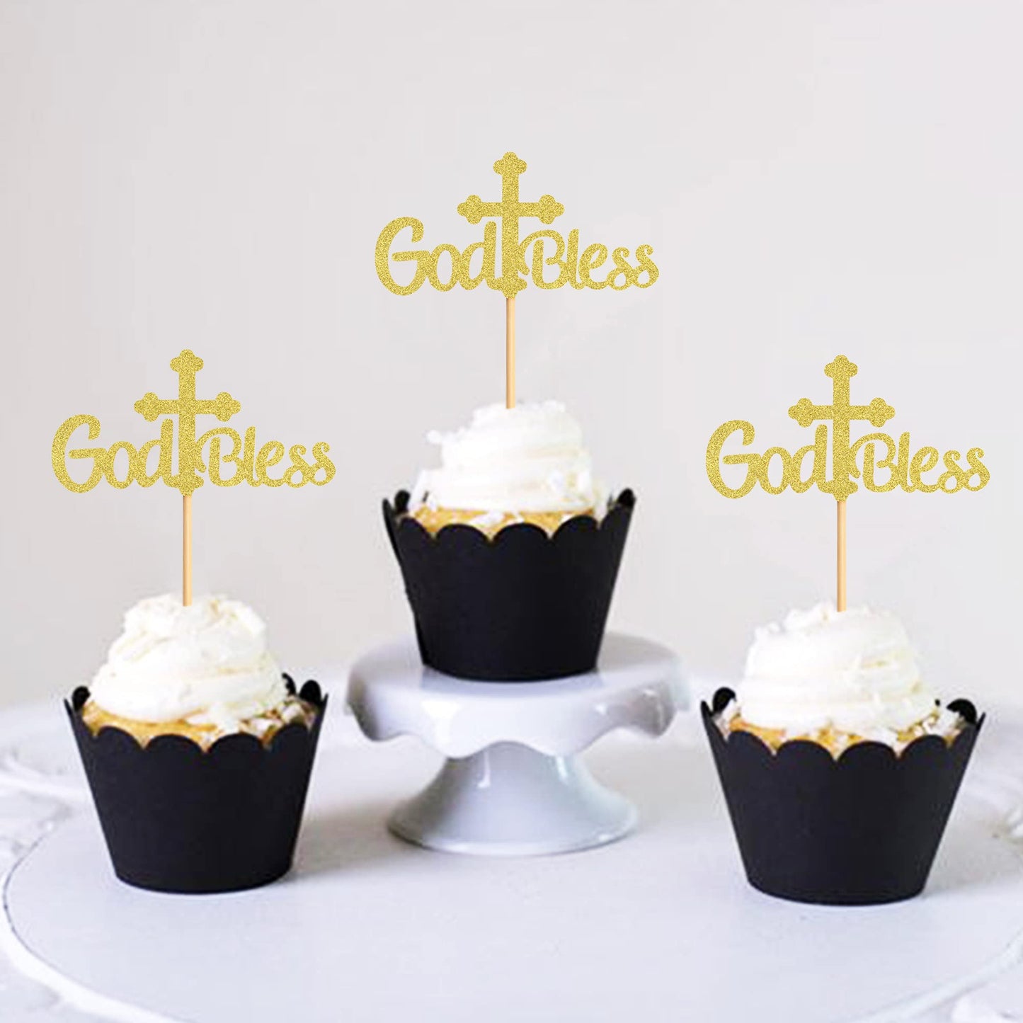 Ercadio Cupcake Toppers Set, 36 Pack Gold Cross Glitter Decorations for Baptism, Small Paper Party Supplies