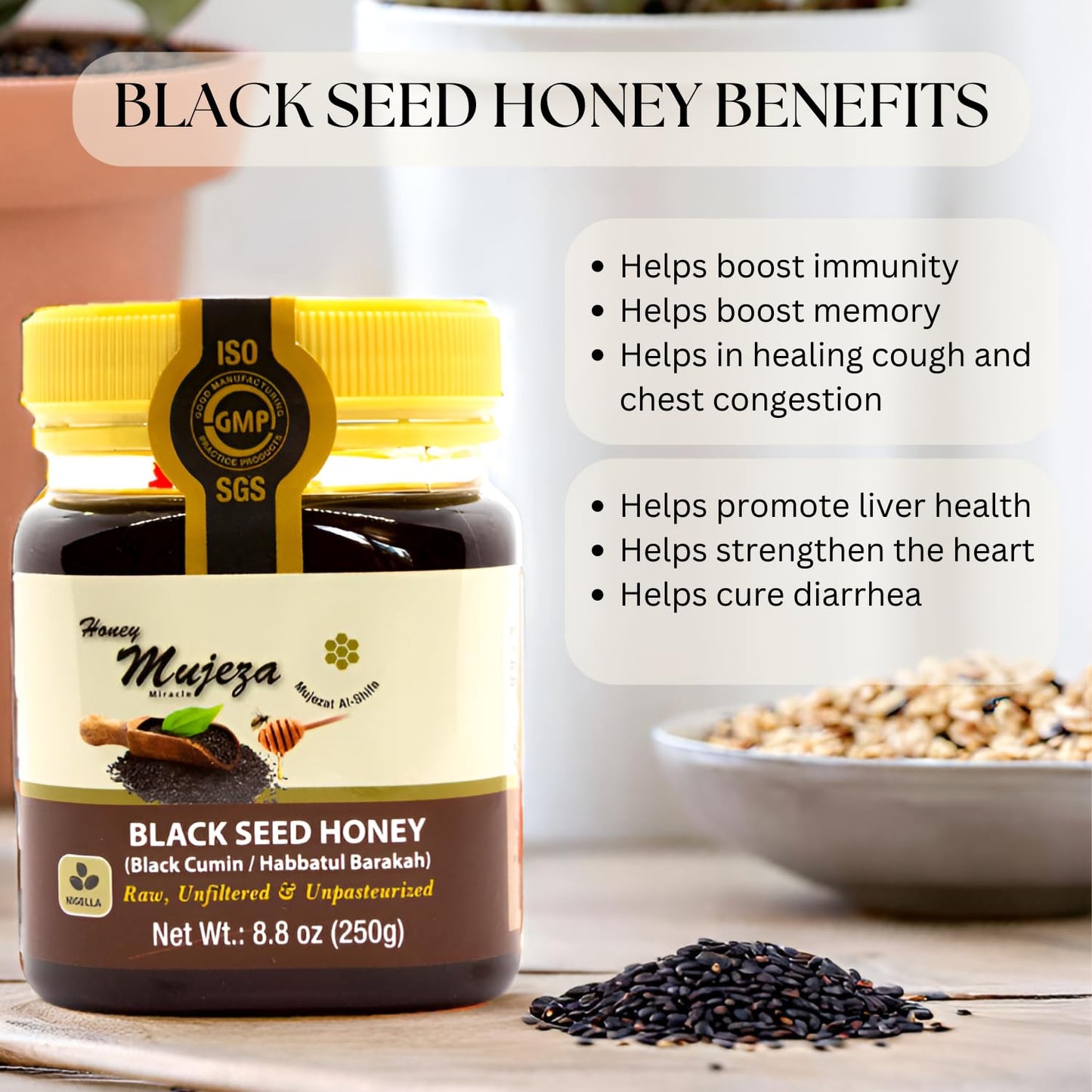 Mujeza Black Seed Honey - (Black Cumin - Nigella Seeds) - Not Mixed With Oil Or Powder - Gluten Free - Non Gmo - Organic Honey -