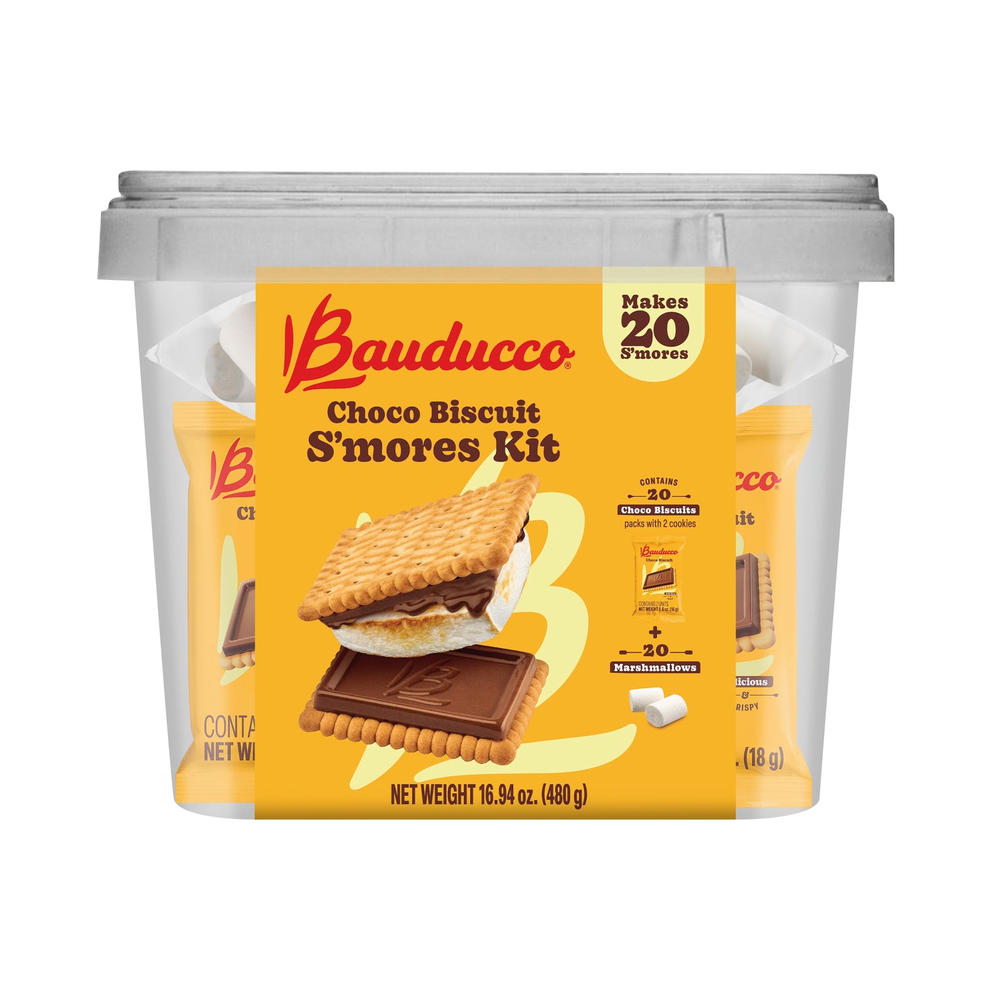 Bauducco Choco Biscuit Smores Kit, 16.94 oz (Pack of 20) - Individually Wrapped Packs with 2 Chocolate Biscuits & Marshmallows f