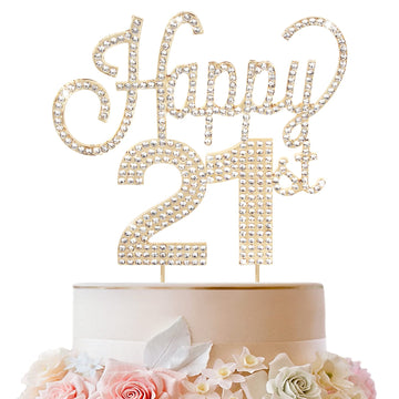 Lingteer Happy 21St Birthday Gold Rhinestone Cake Topper - Cheers To 21St Birthday 21 Years Old Party Cake Centerpieces Topper D