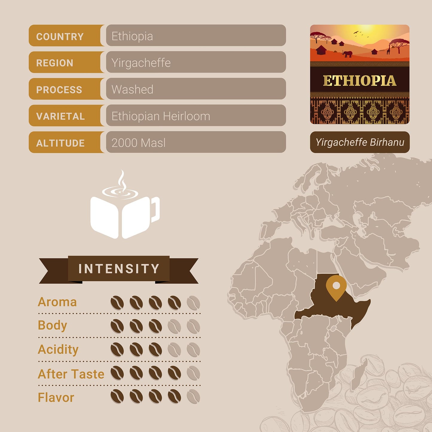 Cubico Coffee Ethiopian Yirgacheffe Ground Coffee, Premium Single Origin, 12 Ounce Bag
