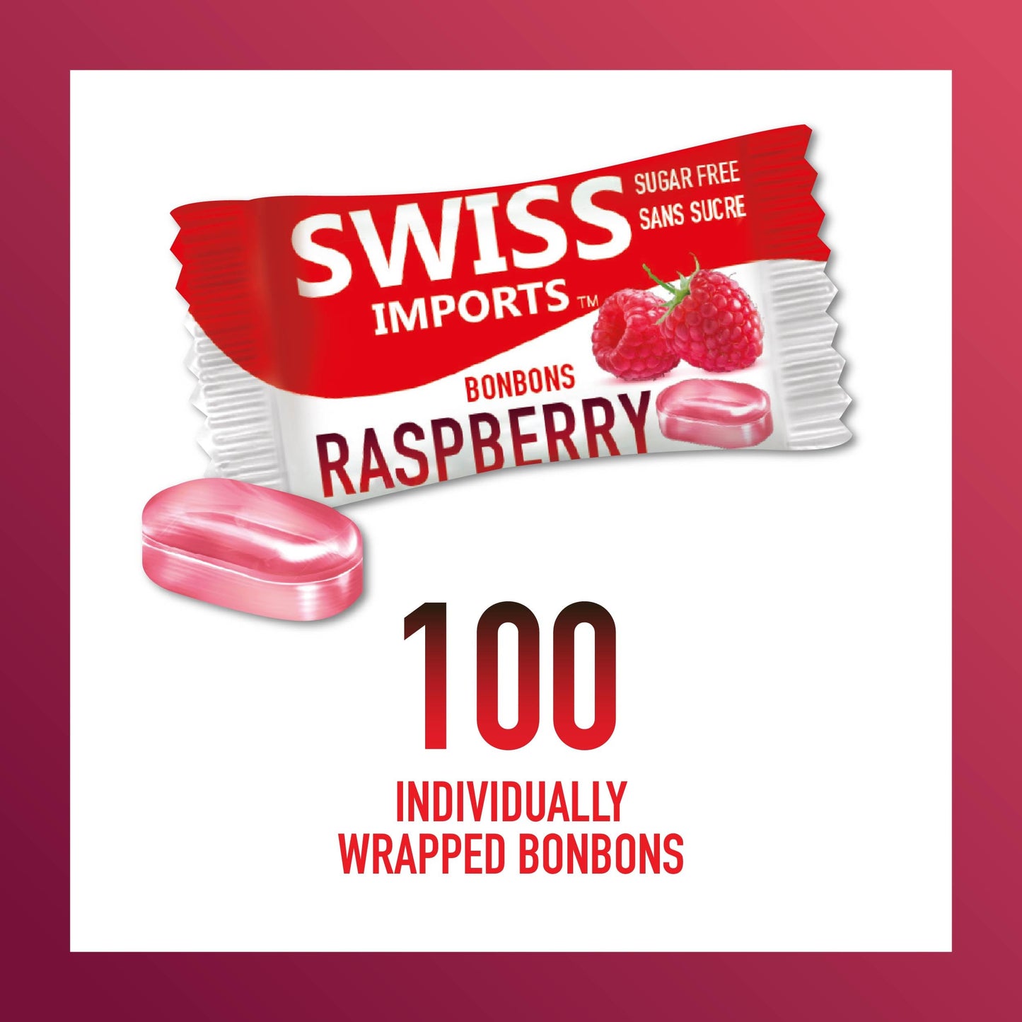 Swiss Imports Sugar Free Bonbons Hard Candy Drops, Raspberry, 100 Individually Wrapped Pieces, 250G/8.8Oz