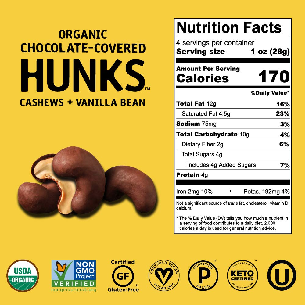 Hu Keto Friendly Hunks | Vegan Chocolate Covered Cashews And Vanilla Bean | 6 Pack | Non-Gmo, Gluten Free, Paleo, Organic Dark C