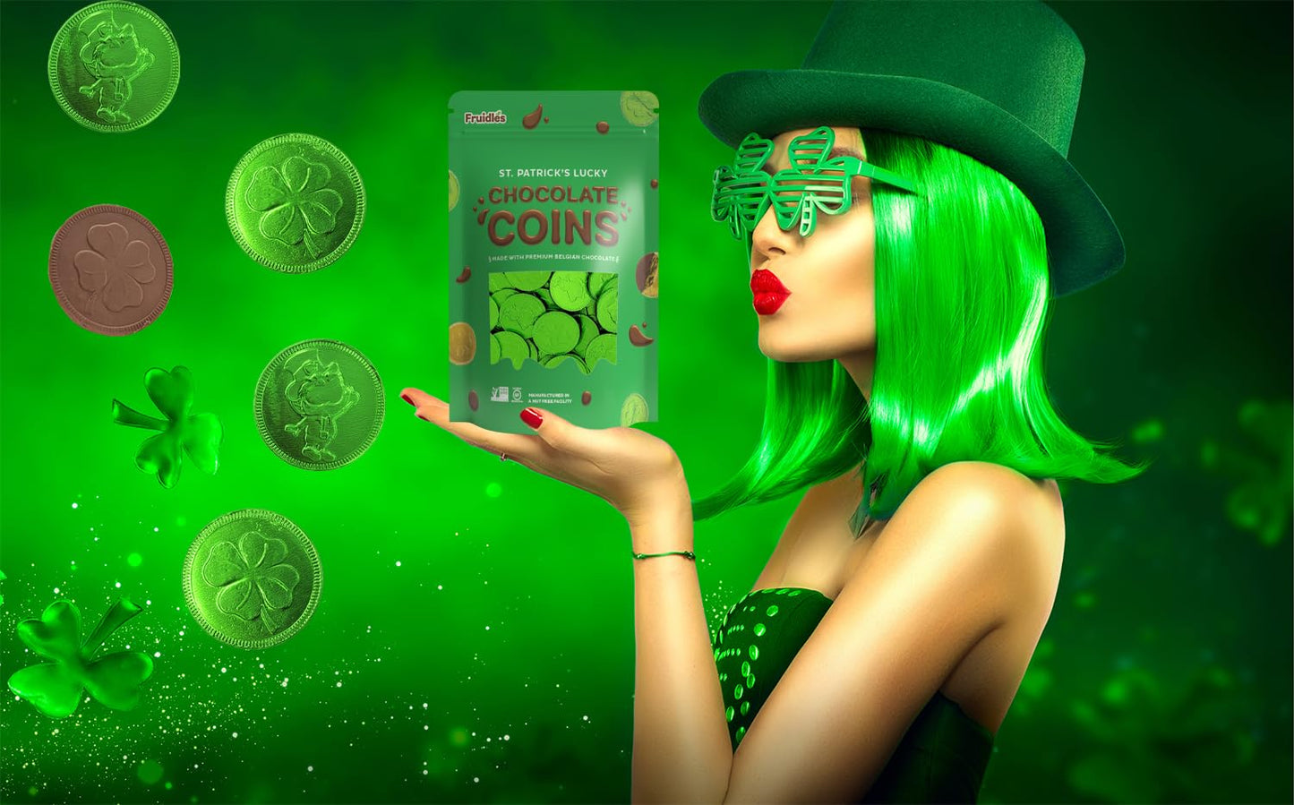 Fruidles Chocolate Green Coins - 50 Pack, Premium Belgian Milk Chocolate, Nut-Free, Kosher, St. Patricks Day Shamrock Leprechaun