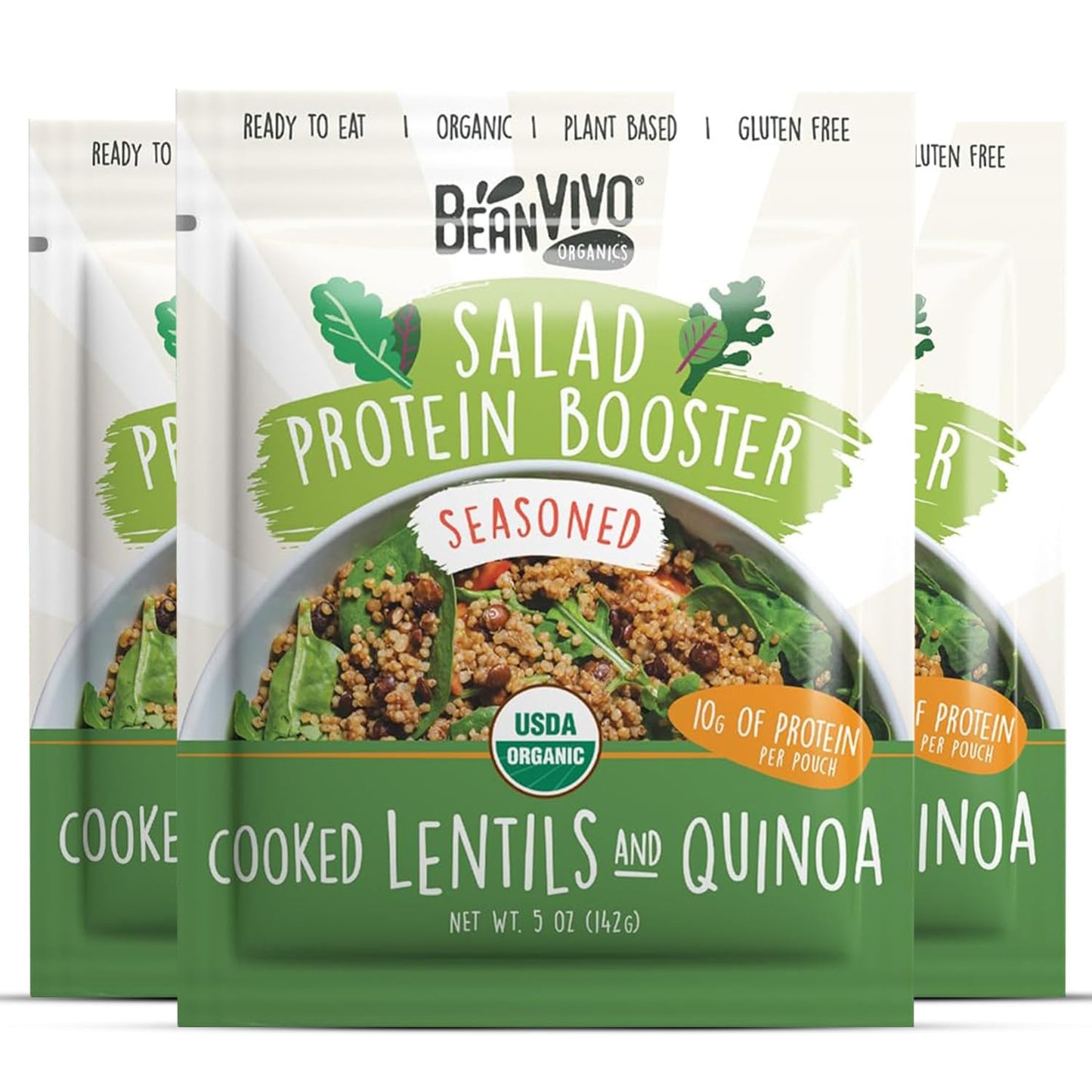Beanvivo 3-Pack Salad Protein Booster - Organic Lentils & Quinoa, Fully Cooked And Seasoned, Delivering A Burst Of Taste And 10G