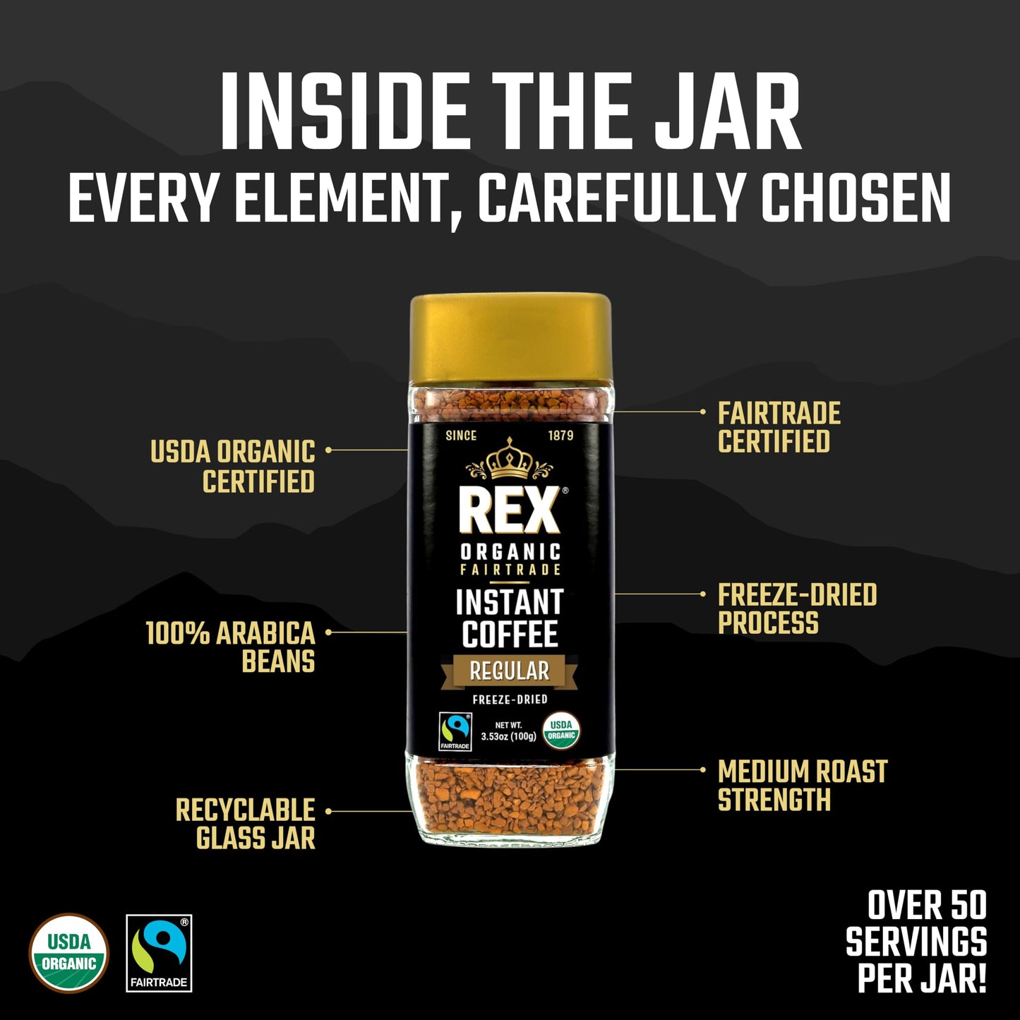 Rex Coffee Organic Fairtrade Freeze-Dried Instant Coffee - Medium Roast Arabica, 3.53 oz Glass Jar (Pack of 12)
