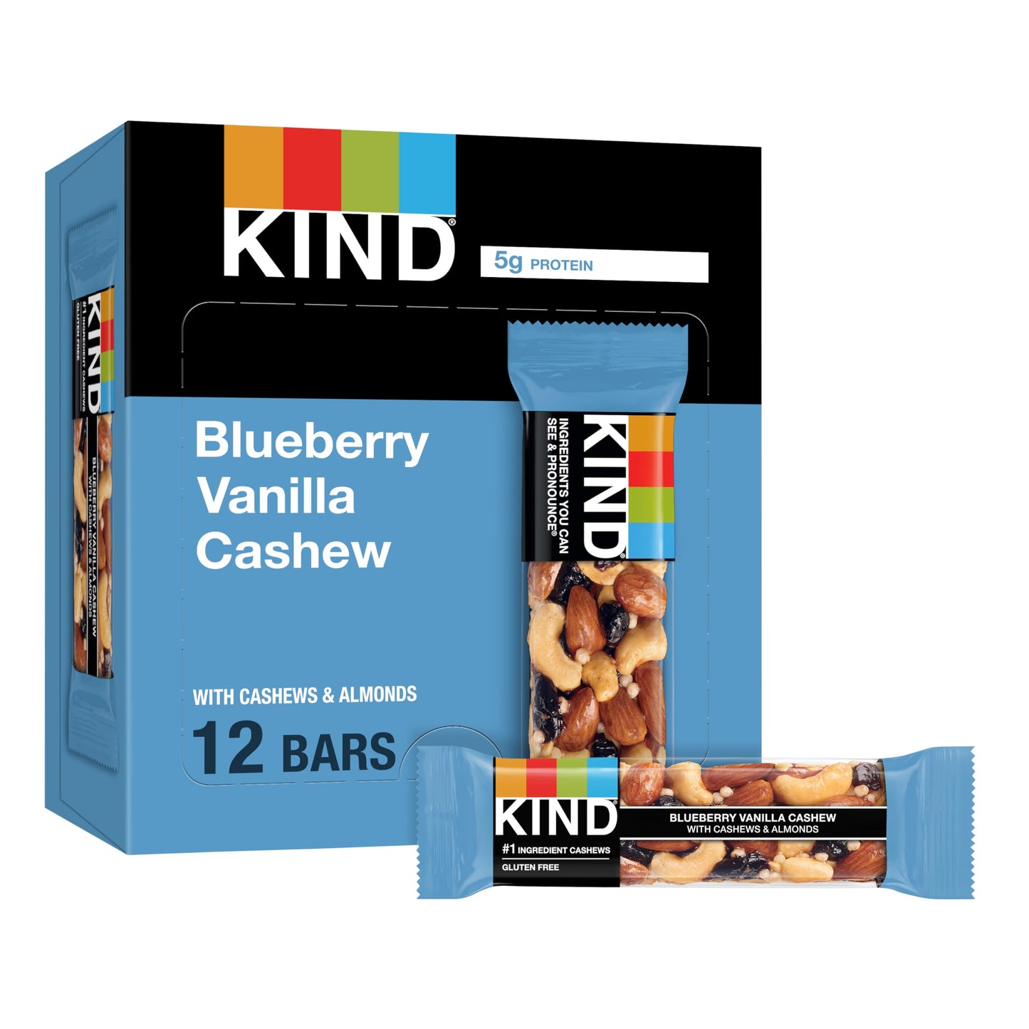 Kind Bars, Blueberry Vanilla Cashew, Healthy Snacks, Gluten Free, 5G Protein, 12 Count