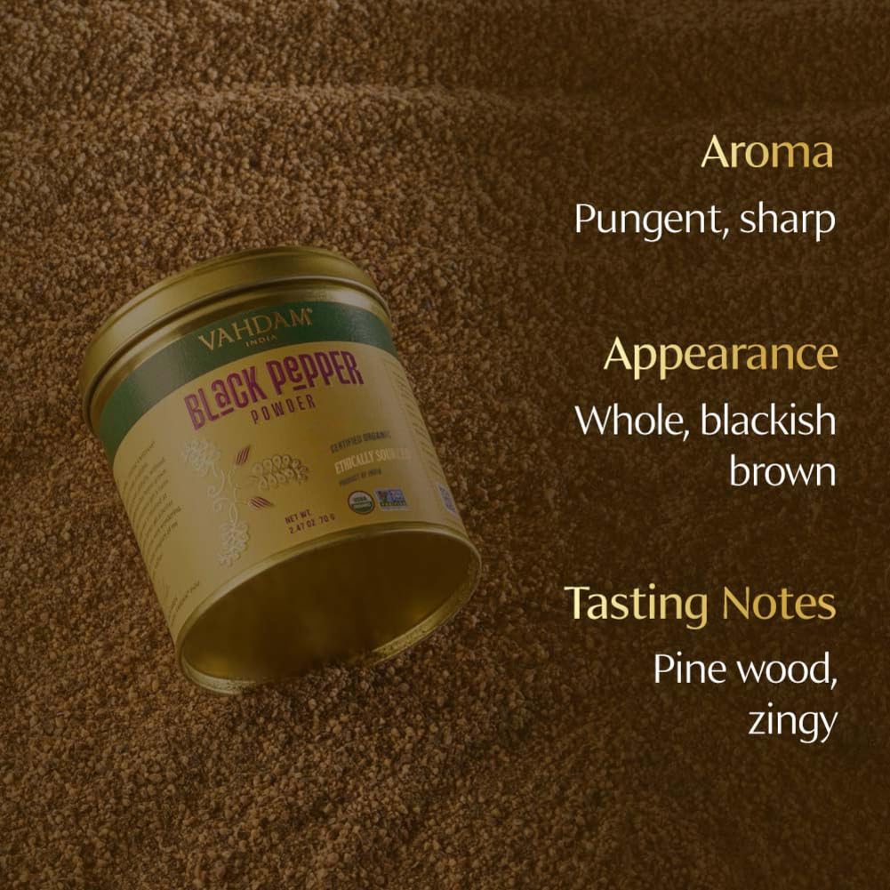 VAHDAM Organic Black Pepper Powder, Gluten Free, 2.47oz, Ground Peppercorns from India