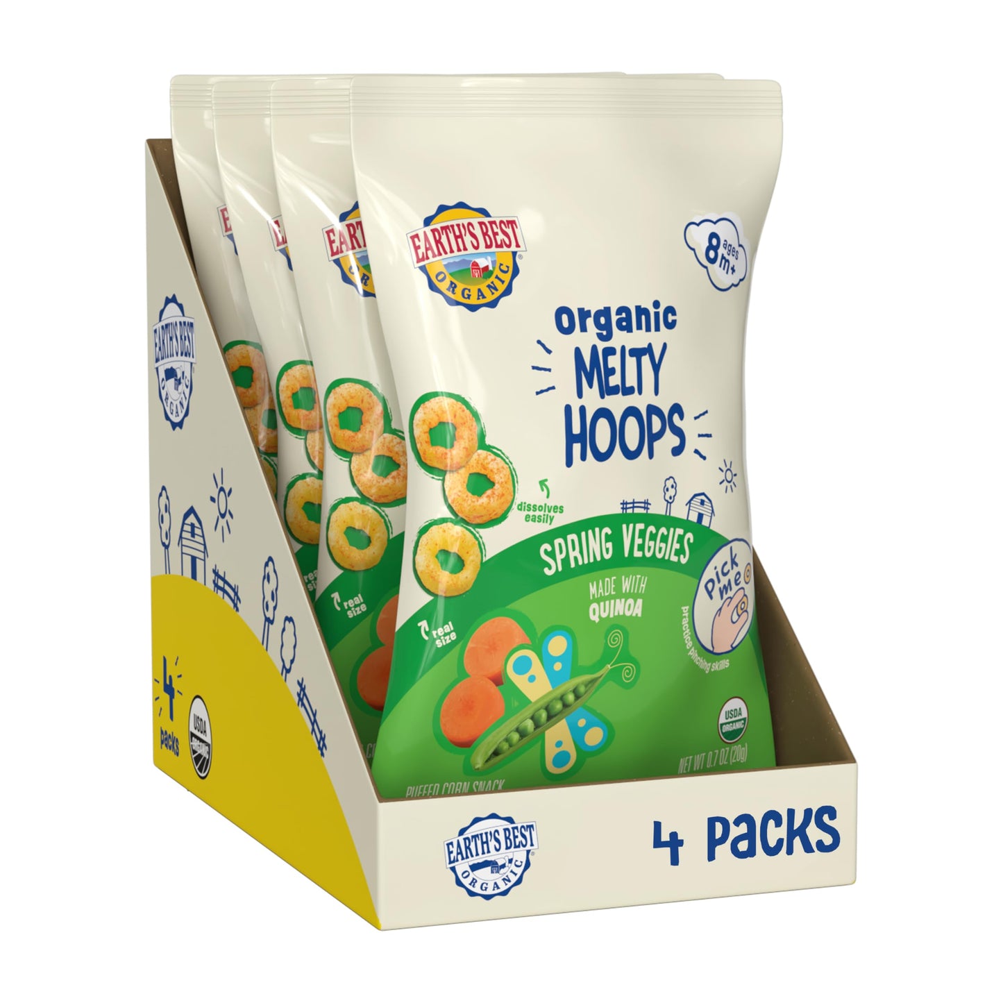 Earths Best Organic Melty Hoops, Bite-Sized Snacks For Babies 8 Months And Up, Spring Veggie, 0.70 Ounce Bags (Pack Of 4)