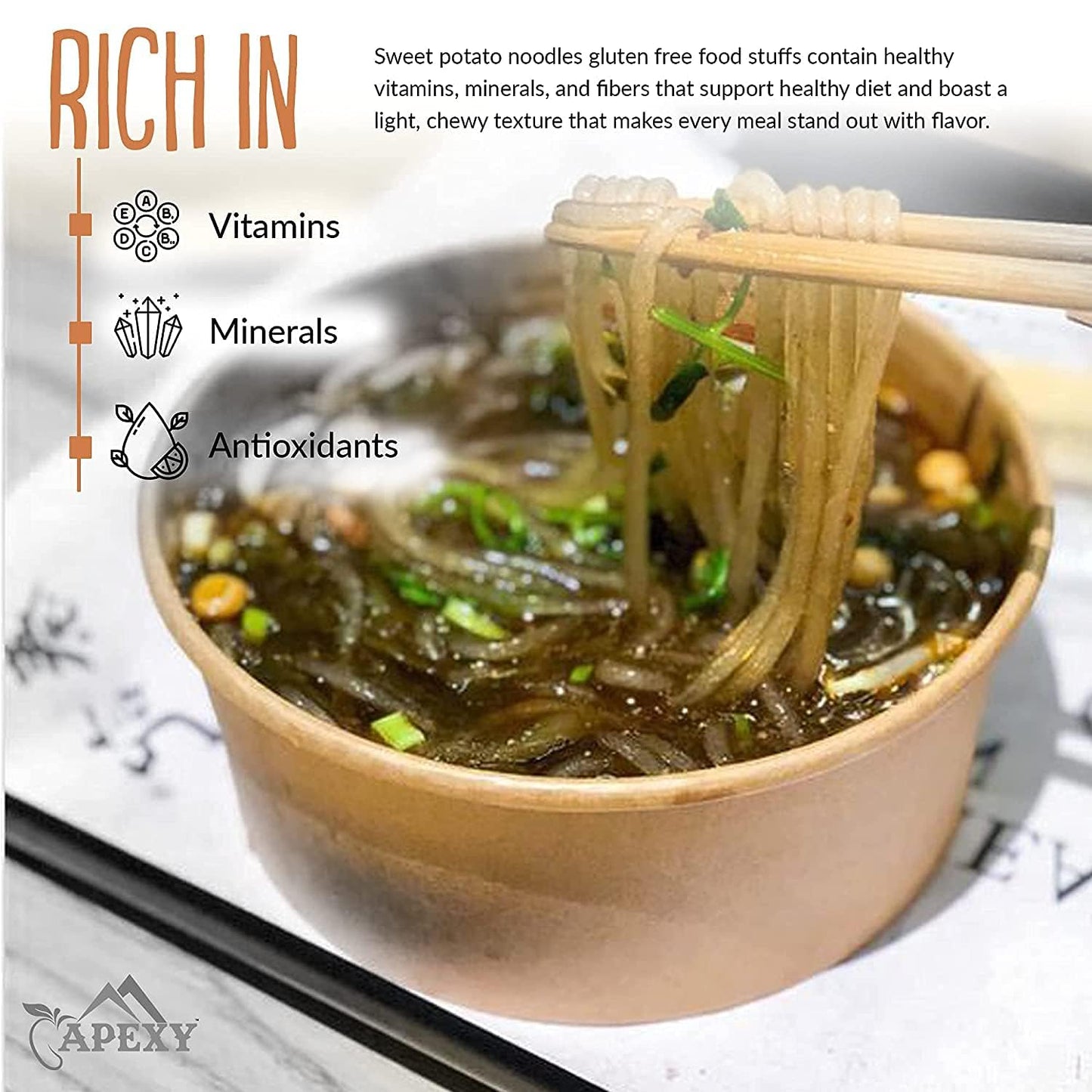 Apexy Sweet Potato Glass Noodles, Japchae Noodles, Korean Vermicelli Pasta, Fat-Free And Gluten-Free, 100% Sweet Potato Starch, No Additive, No Alum Inside, 24Oz (680G)