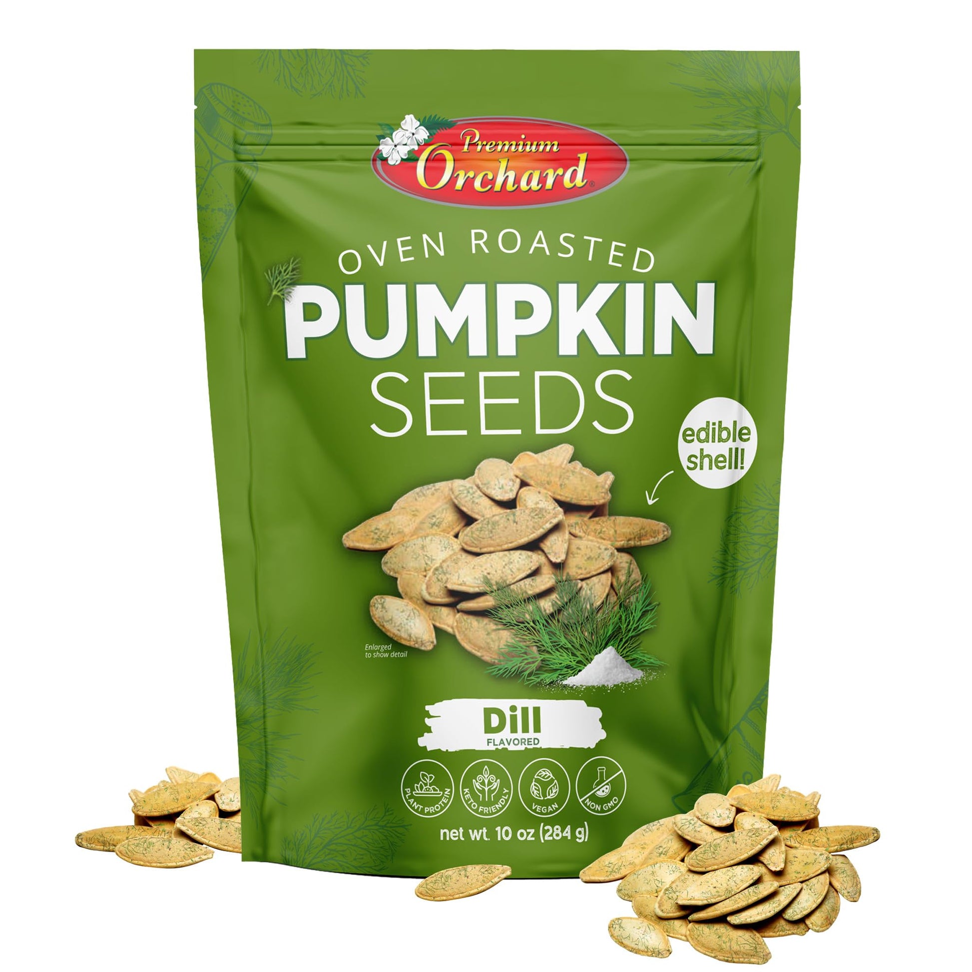 PREMIUM ORCHARD Flavored Pumpkin Seeds Oven Roasted | Dill Flavor | High Protein Snacks for Kids and Adults | Vegan Snack | Non 