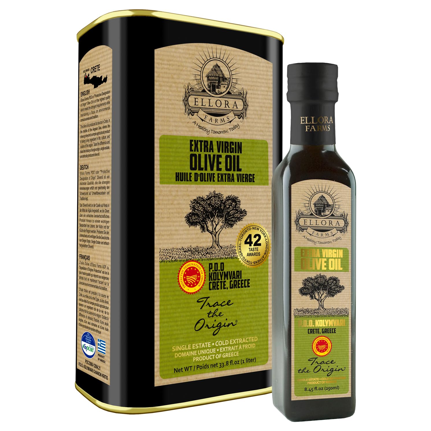 Ellora Farms, Greek Extra Virgin Olive Oil, Gold Award Winner, Single Estate Traceable Olive Oil, 33.8 Oz. Tin And 8.45 Oz. Glas