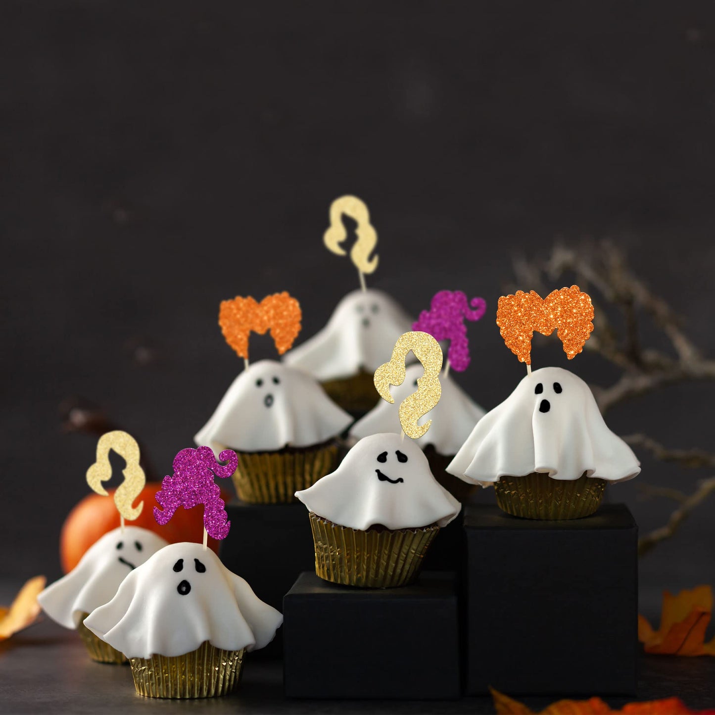 Gyufise Cupcake Toppers Set, 24 Pcs Glitter Witch Hair for Halloween Party, Paper, Color 2