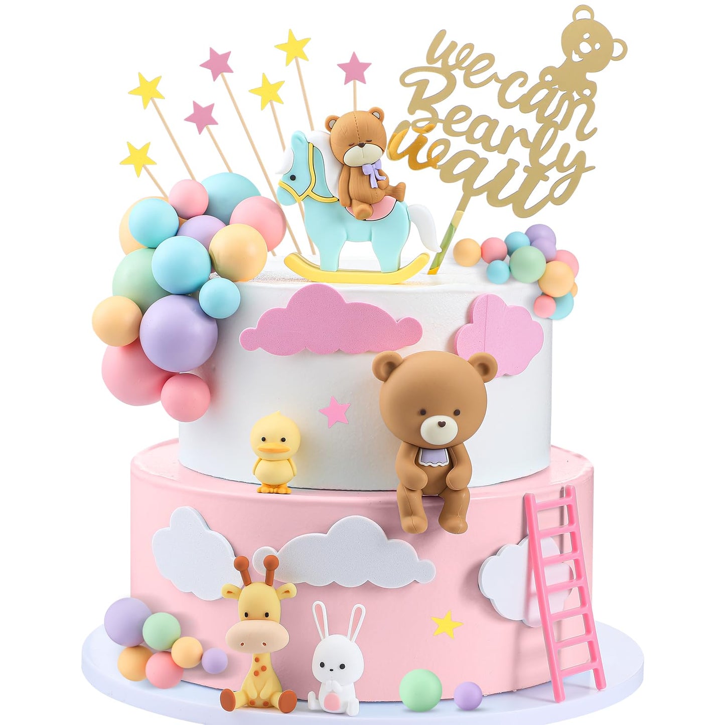 Yinder Bear Cake Toppers Mini Bear Cake Decorations Cake Toppers Gold White Pearl Ball for Birthday Party Decorations(Bright Col