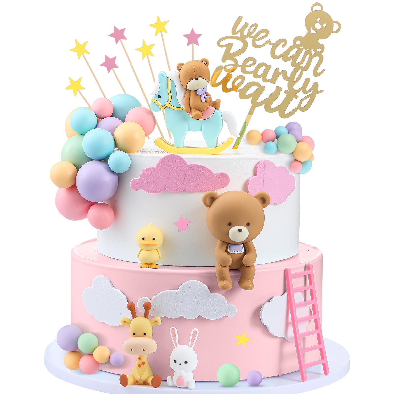 Yinder Bear Cake Toppers Mini Bear Cake Decorations Cake Toppers Gold White Pearl Ball for Birthday Party Decorations(Bright Col