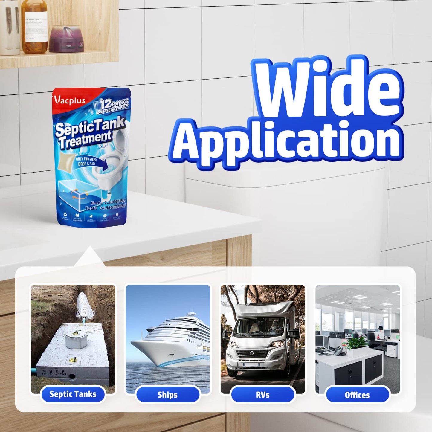 Vacplus Septic Tank Treatment - 12 Packs For 1-Year Supply, Flushable & Dissolvable Septic Tank Treatment Packets With Easy Operation, Biodegradable Septic Tank Treatment Enzymes For Wastes & Odors