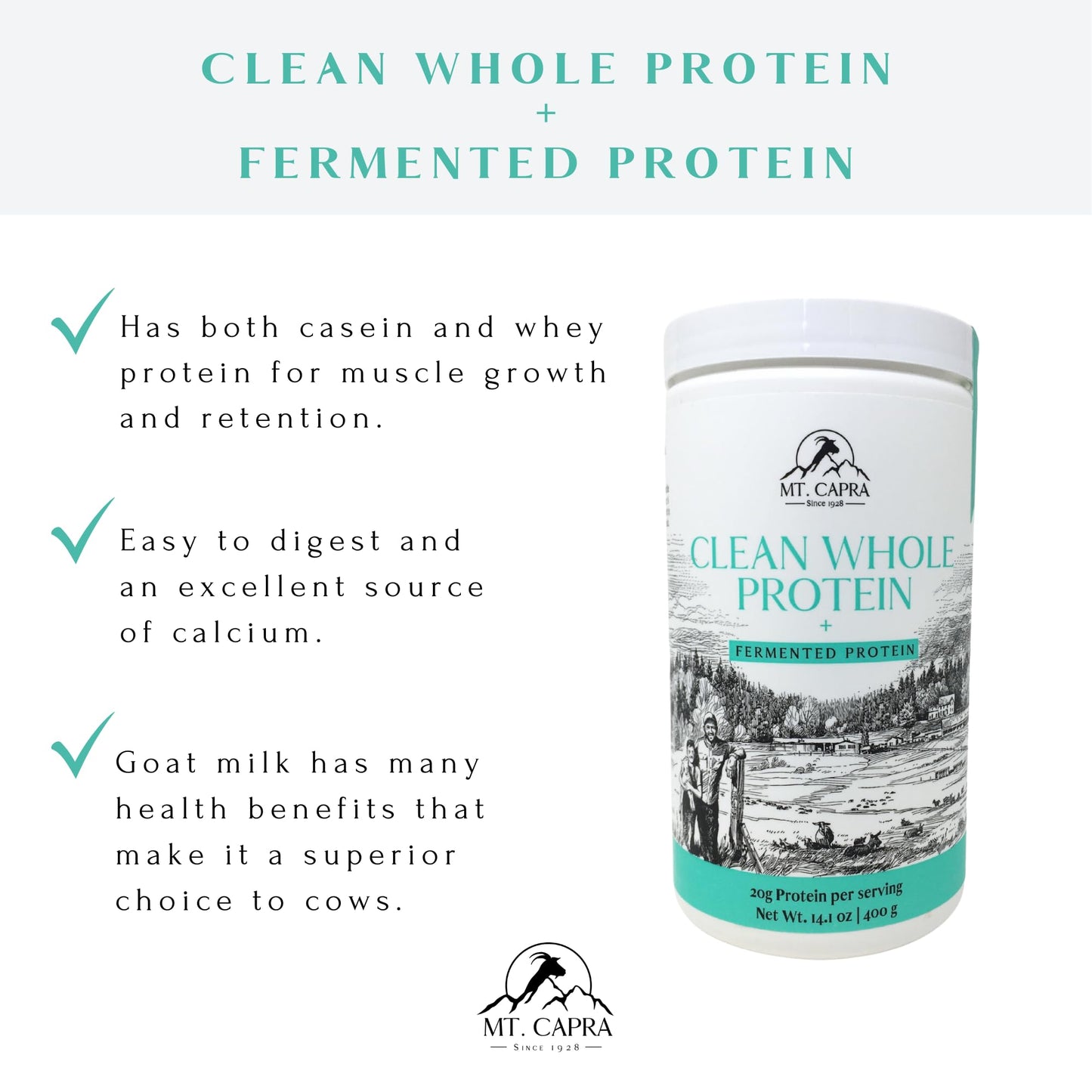 Mt. Capra Clean Whole Protein + Fermented Protein | Easy to Digest Whey and Casein Protein from Grass-Fed Goats | 20 g Protein p
