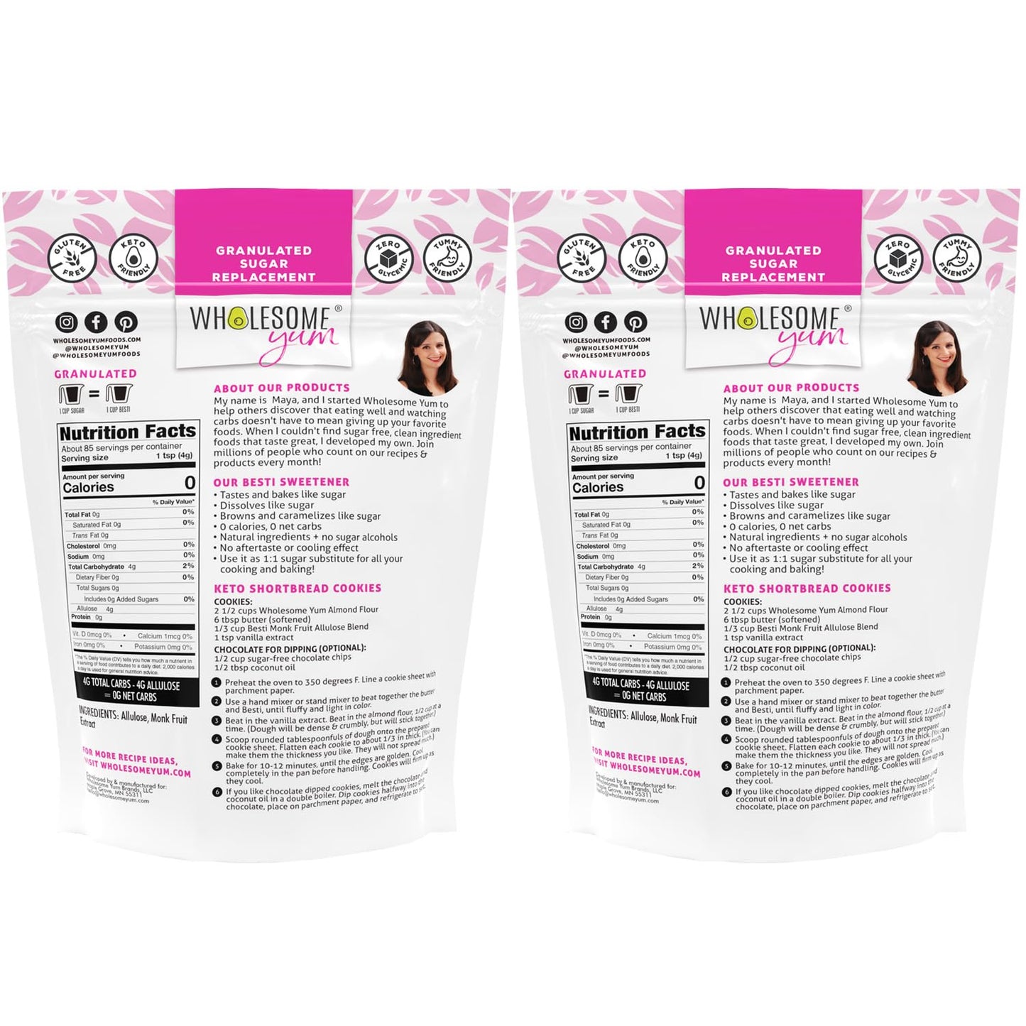 Wholesome Yum Besti Natural Sugar Substitute - Keto Granulated Monk Fruit Sweetener Blend With Allulose (No Erythritol) - Non GMO  Zero Calorie  Zero Carb  Sugar Free  No Aftertaste (12 oz  2 Pack)