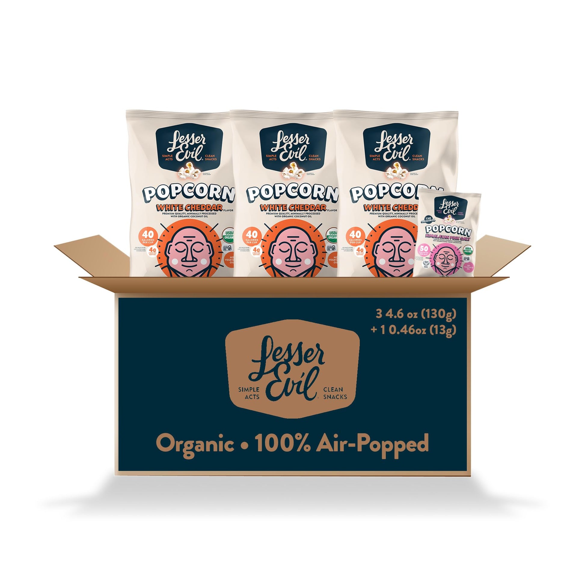 LesserEvil Organic Popcorn, White Cheddar & Himalayan Pink Salt, 4 Bags (3.57 oz Total)