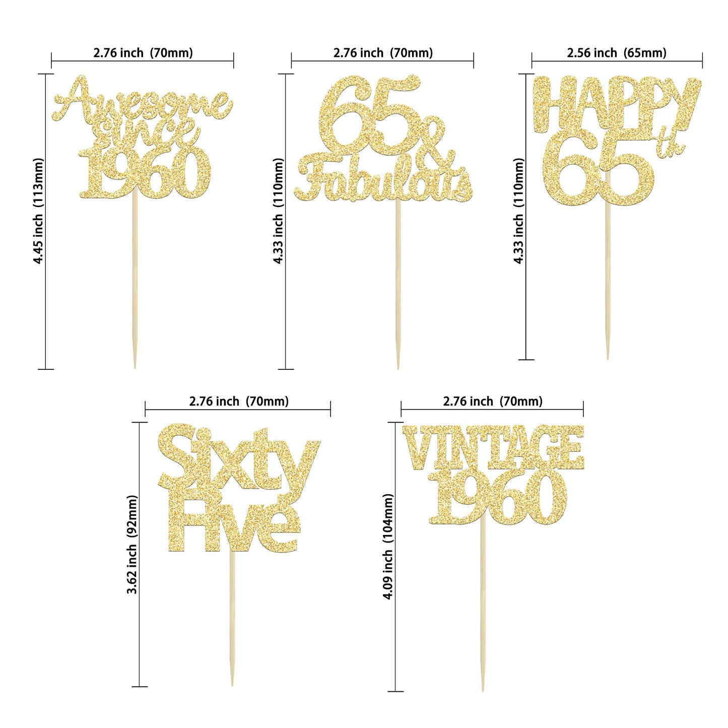 Gyufise 30Pcs Gold Glitter 65Th Birthday Cupcake Toppers Vintage 1958 Hello 65 Cake Topper Sixty Five 65 & Fabulous Cupcake Pick